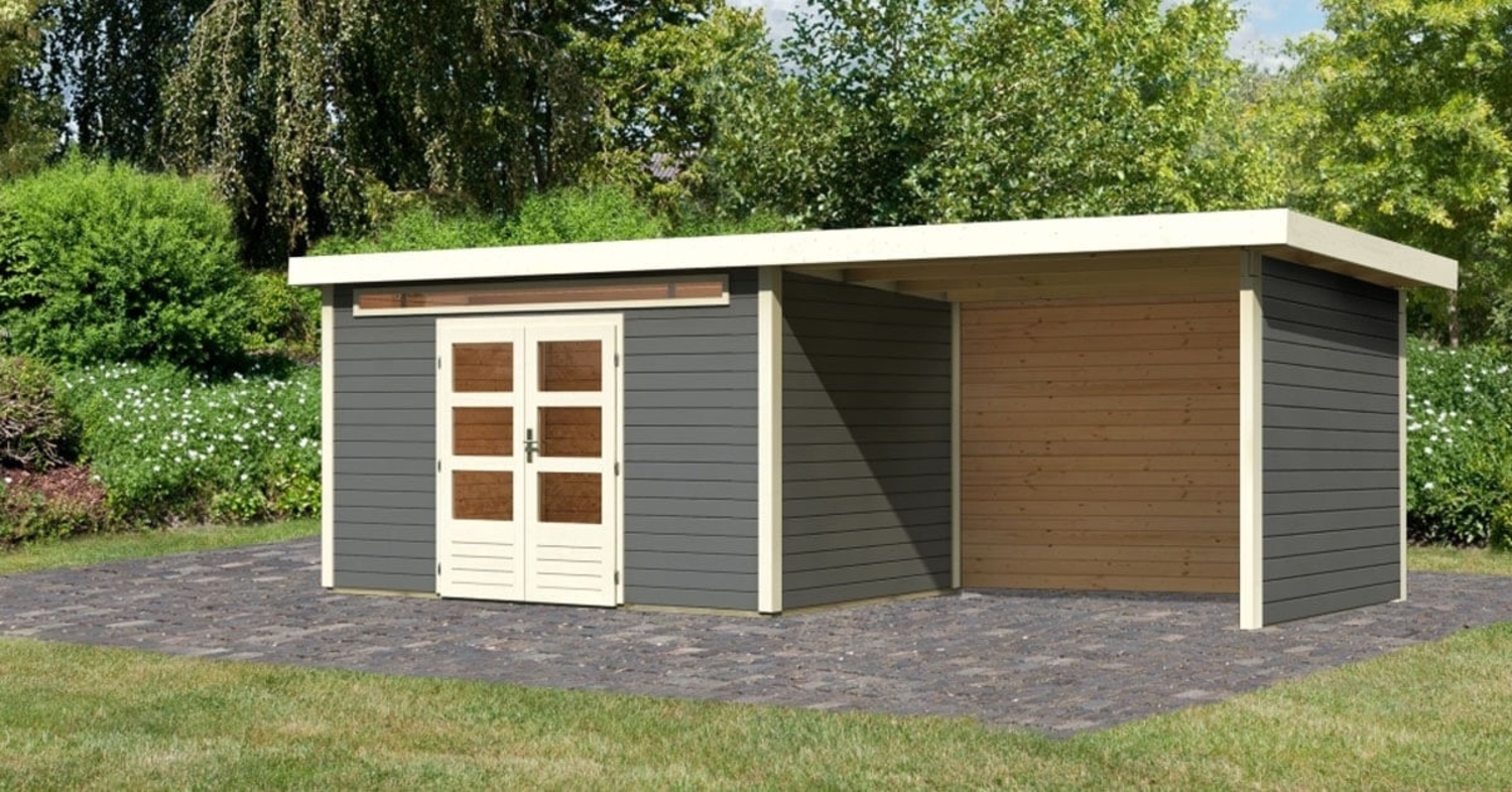 Gartenhaus Kandern 7 - 364x244 cm plus Anbaudach 3,20m mit Wänden, 28 mm Holz terragrau, Karibu Bild 1