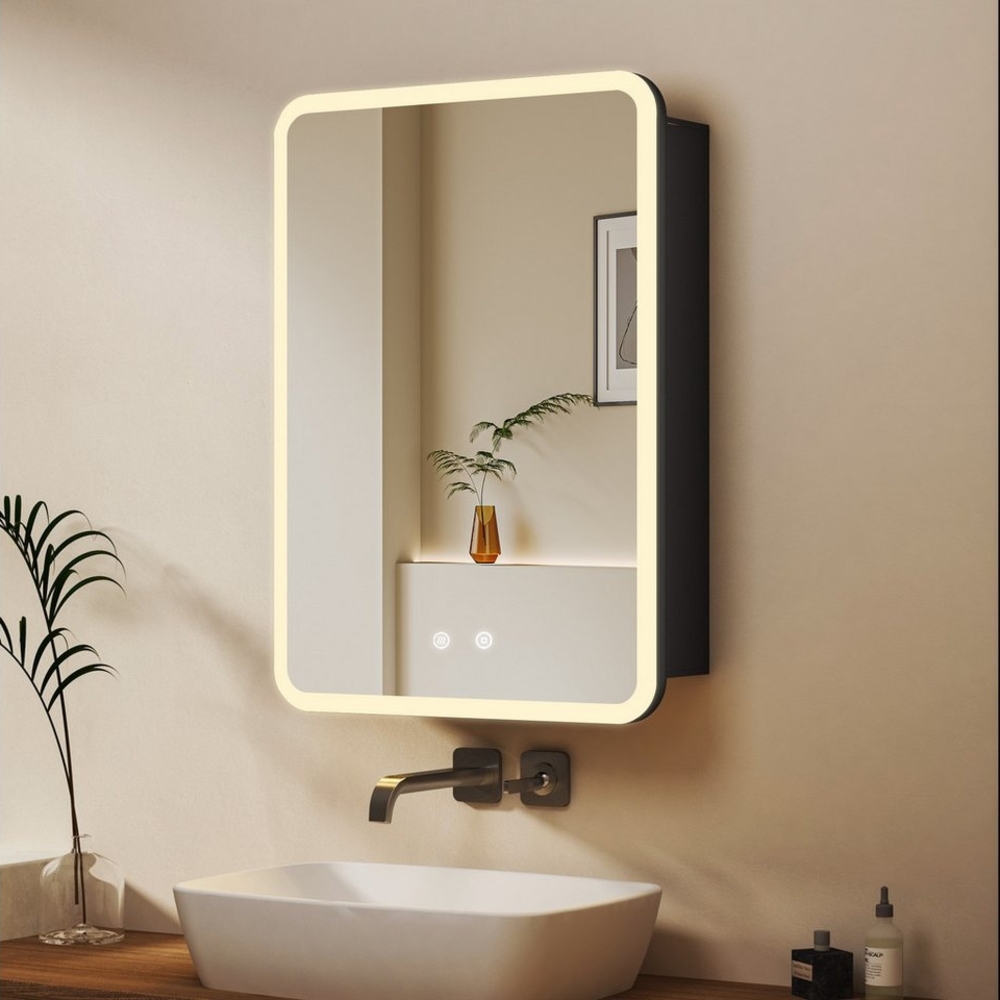 WDWRITTI Badezimmerspiegelschrank mit LED Beleuchtung Spiegelschrank Schwarz mit ohne Steckdose (80x60, 50x70, 40x60cm, Alu-Schranktür, Doppelseitiger Spiegel, 2Touch, Anti-fog, 3Lichtmodi, Dimmbar, Memory) mit Netzadapter, Verstellbare Glasböden Bild 1