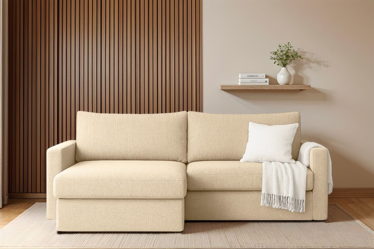 Ecksofa Sofa mit Schlaffunktion BENDIK Stoff Faro Creme Ottomane Links Bild 1