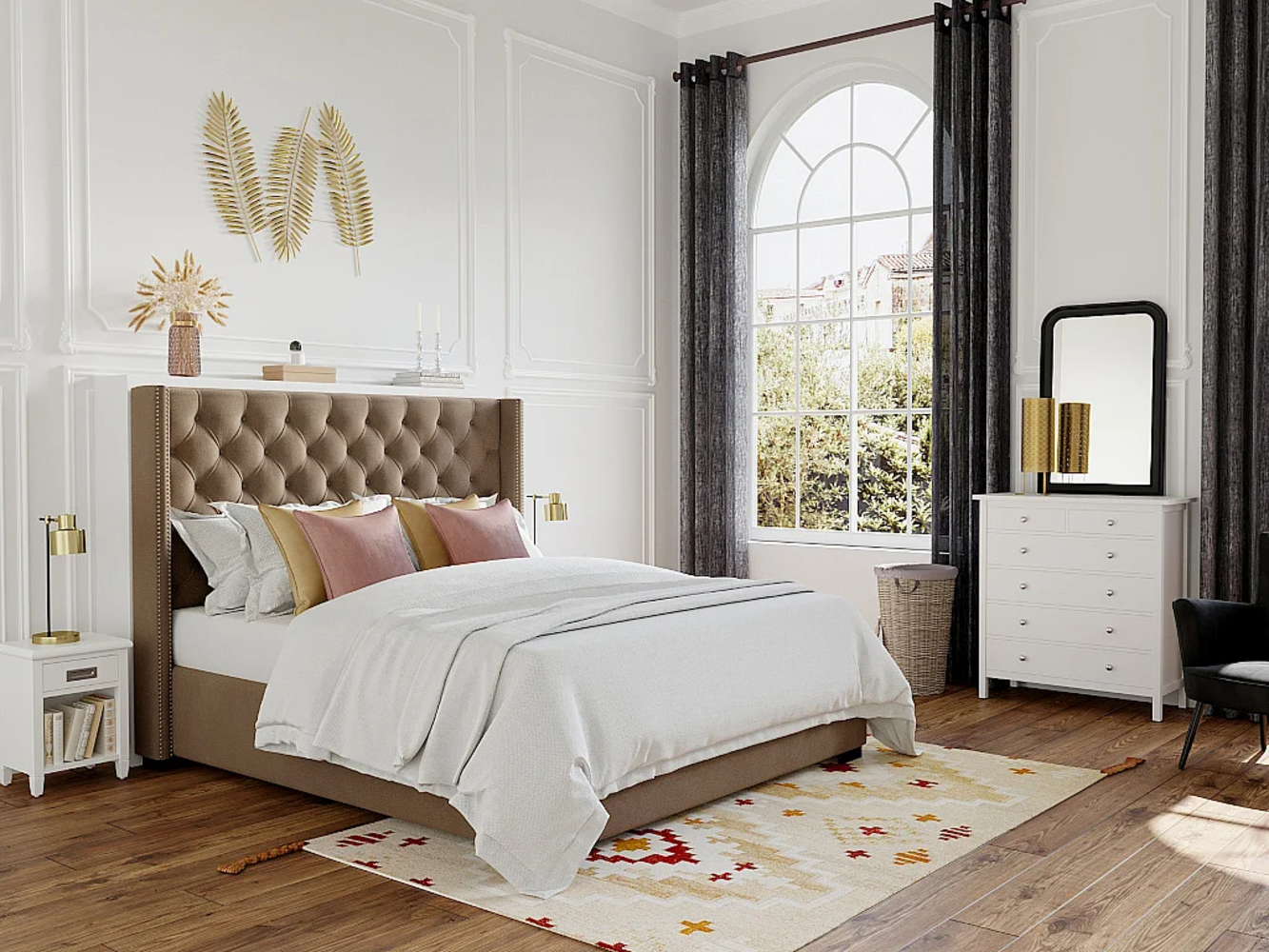 Vente-unique - Polsterbett mit gestepptem Kopfteil - 180 x 200 cm - Stoff - Beige - MASSIMO II Bild 1