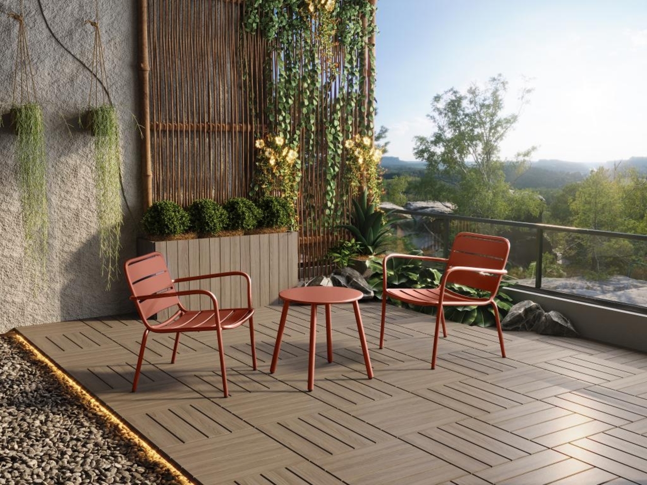 Vente-unique - Garten-Sitzgruppe: Beistelltisch + 2 stapelbare Sessel - Metall - Terracotta - MIRMANDE von MYLIA Bild 1