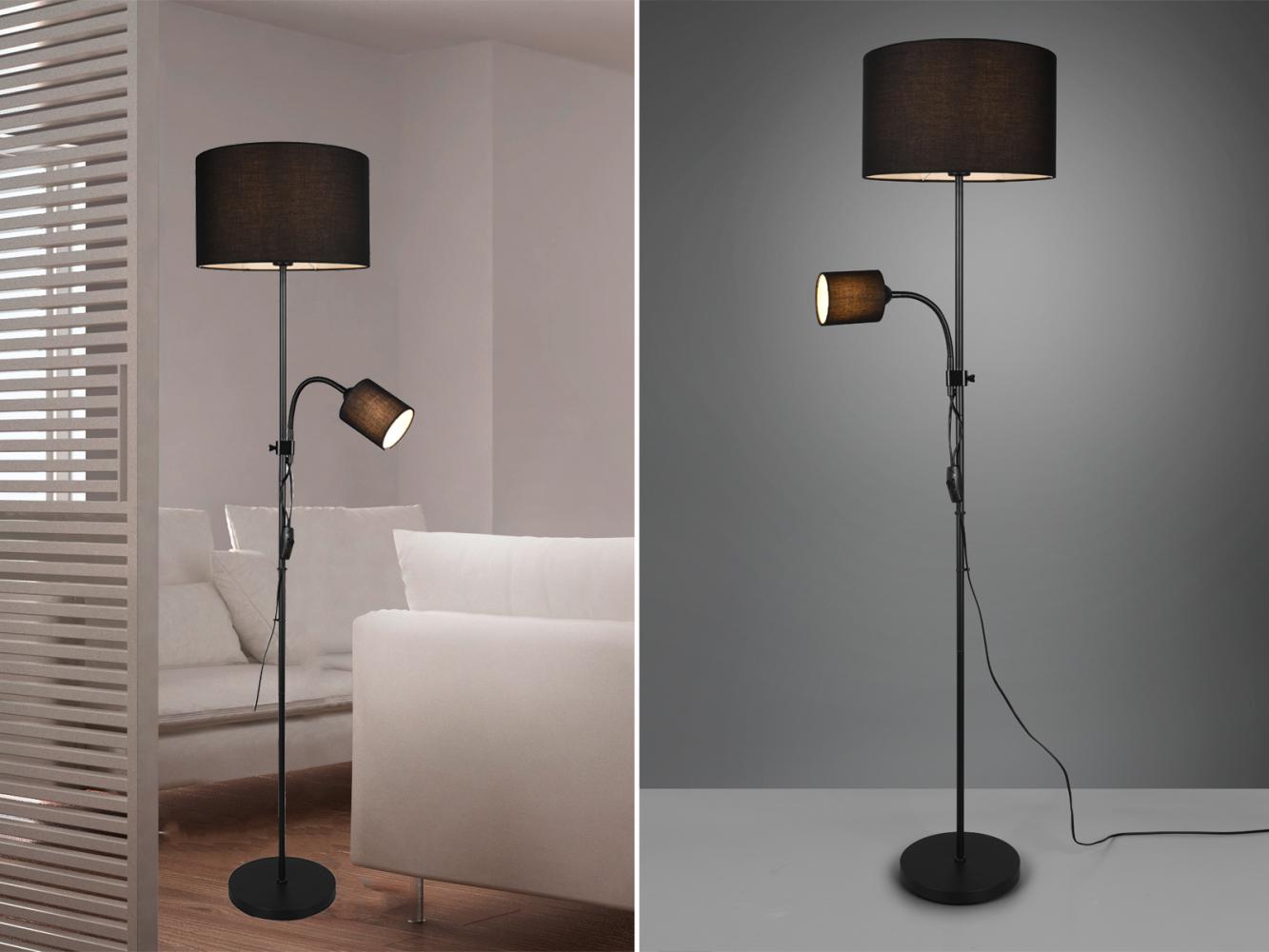 Reality Leuchten LED Stehlampe, Lesearm, LED wechselbar, Warmweiß, Design-klassiker mit Leselampe Lampenschirm-e Stoff Schwarz Höhe 160cm Bild 1