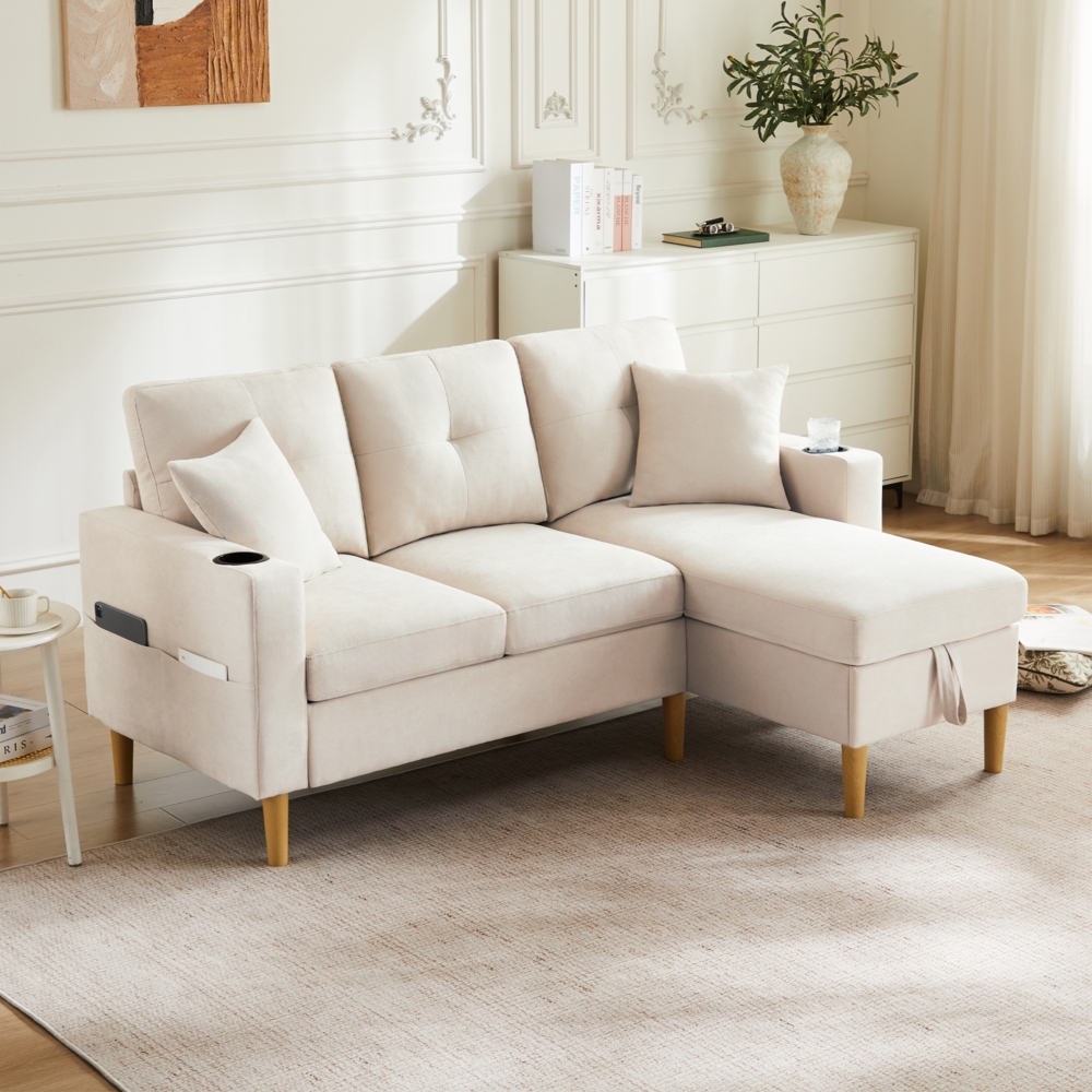 Ecksofa L-Form Baumwolle-Leinen, 175x129x90 cm ,Chaiselongue mit Getränkehalter & Stauraumtaschen,Beige Bild 1