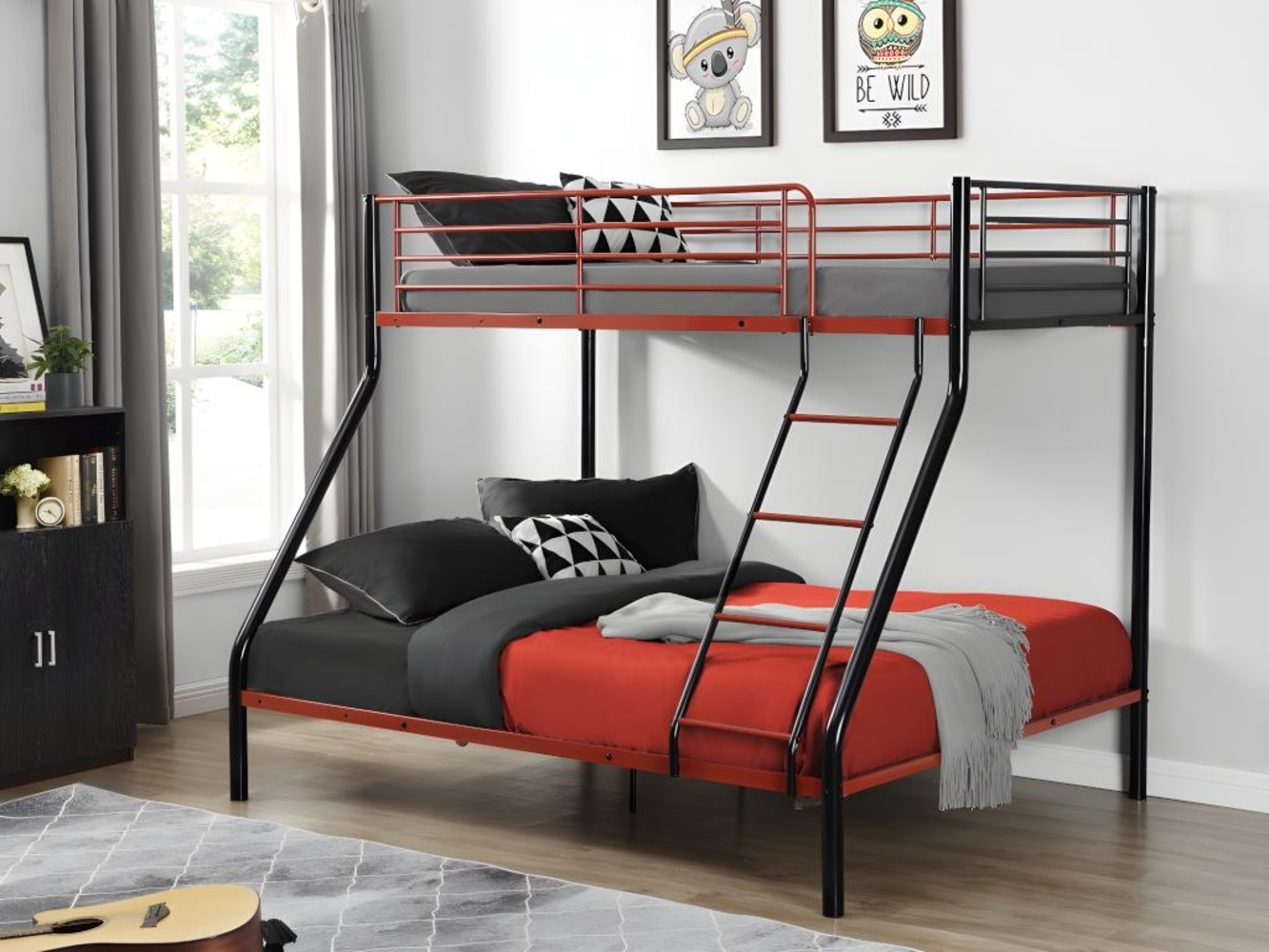 Vente-unique - Etagenbett - 90 & 140 x 190 cm - Stahl - Schwarz & Rot - ELEVATIO IV Bild 1