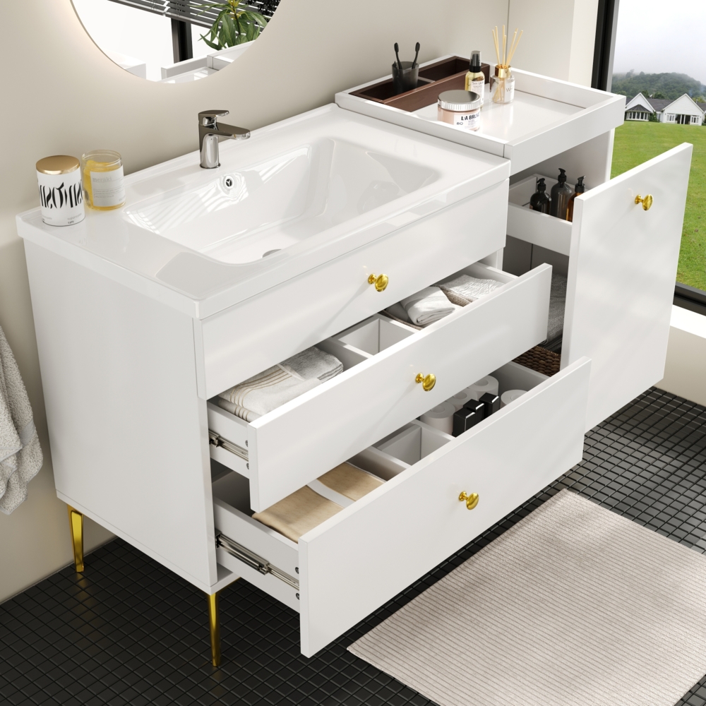 Merax Waschtisch (B120/T47,5/H80 cm, 1-St, Badschrank Waschplatz mit Schubladen), Waschbeckenunterschrank mit Waschbecken Badmöbel in Breite 120 cm Bild 1