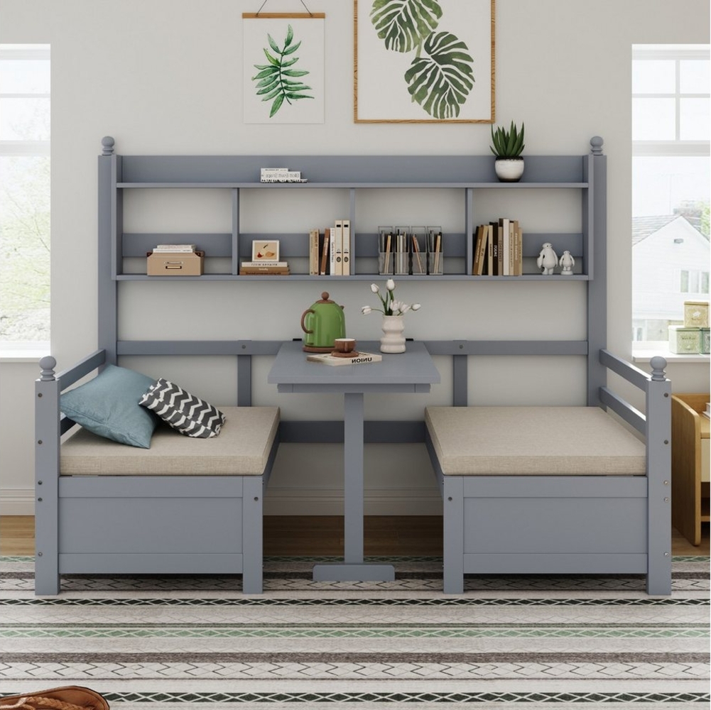 Ulife Kinderbett Einzelbett Schlafsofa Holzbett, mit Bücherregal und Kissen (Ohne Matratze), 2-in-1 Klappbett & Schreibtisch, 90x200 cm Bild 1
