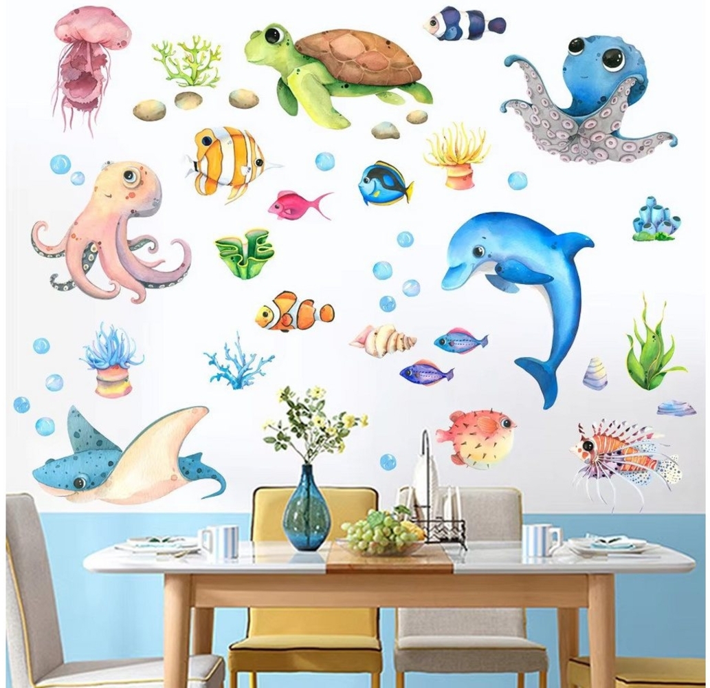 Montegoni Wandtattoo Wandtattoo Unterwasserwelt Oktopus Meeresschildkröte Fische (4 St) (21x30cmX4PCS Marine Life Wandaufkleber für Kinderzimmer), Kinder Wandsticker Marine Life Bild 1