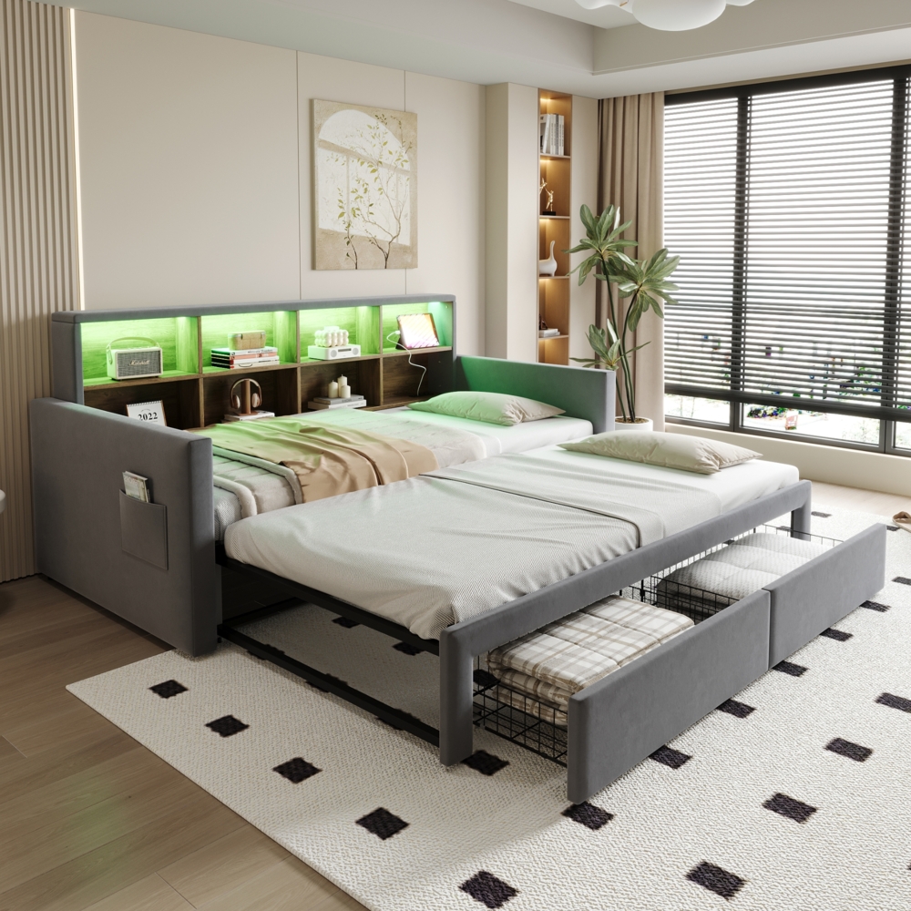 Merax Einzelbett Daybett 90/180x190 cm Ausziehbares Polsterbett Schlafsofa, Kopfteil mit integrierten Staufächern, LED-Lichtleiste und Ladesteckdosen, Mit 2 Schubladen, Samt Dunkelgrau Bild 1