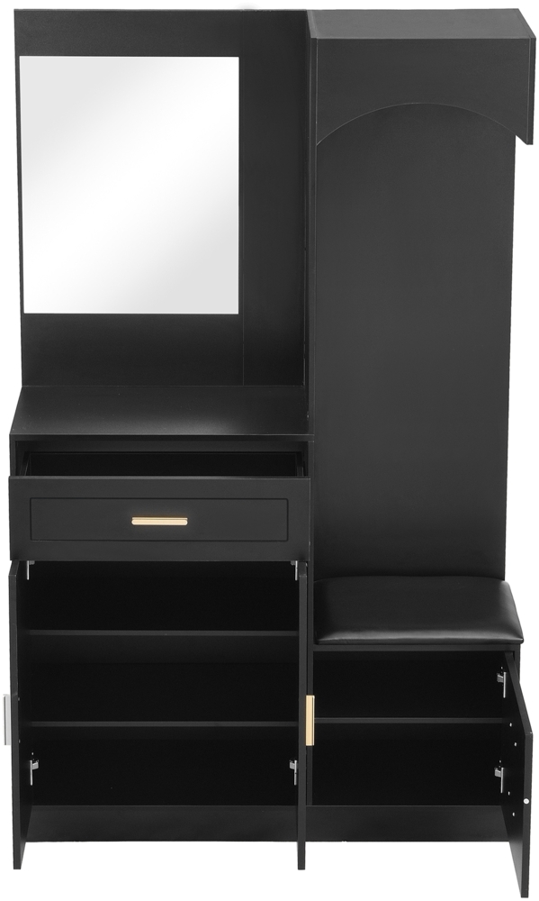 Kommode Garderobe kompakt Schwarz MDF mit Spiegel, Schuhbank und verstellbaren Einlegeböden,110x 33x 185.5 cm Bild 1