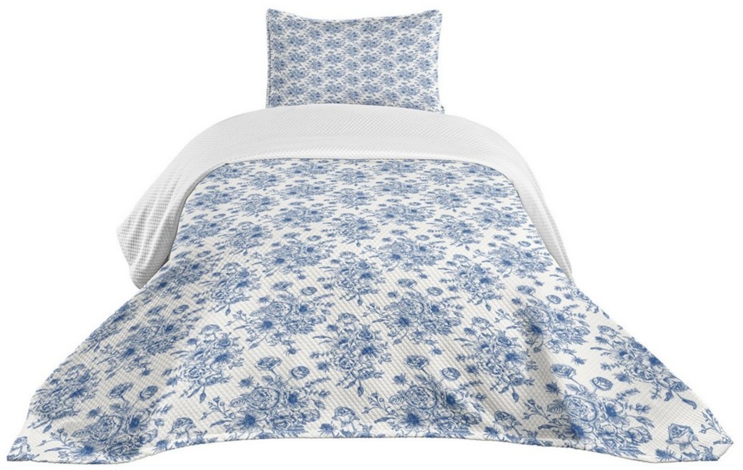 Abakuhaus Tagesdecke Set mit Kissenbezügen Waschbar, Blau und Elfenbein Anemonen und Eustoma Bild 1