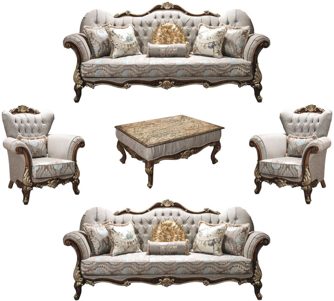 Casa Padrino Luxus Barock Wohnzimmer Set Silbergrau / Braun / Gold - 2 Sofas & 2 Sessel & 1 Couchtisch - Wohnzimmer Möbel - Edel & Prunkvoll Bild 1