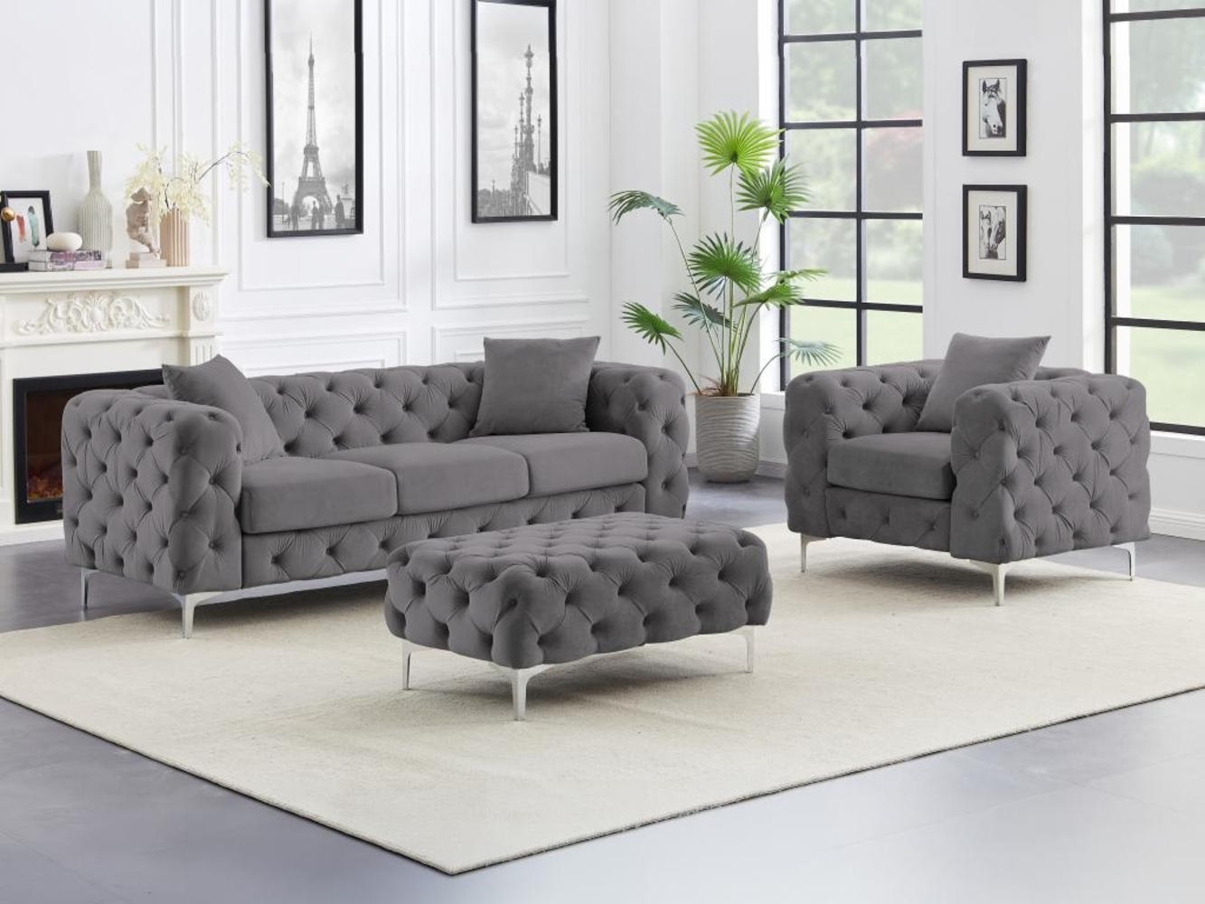 Vente-unique - Chesterfield-Sofa 3-Sitzer, Chesterfield-Sessel & Chesterfield-Hocker - Samt - Anthrazit - EDWINA Bild 1