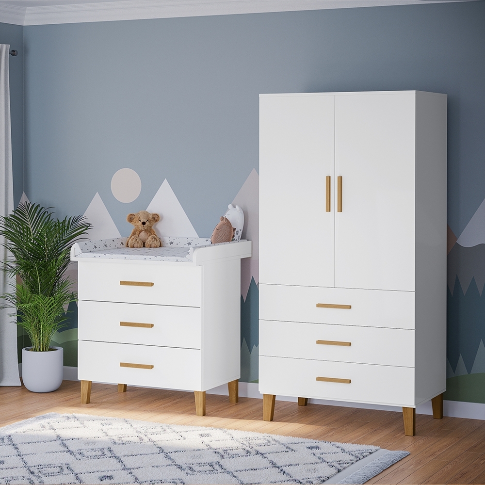 Bellabino 'Liri' Babyzimmer Set aus Wickelkommode und Kinderkleiderschrank, weiß, Wickeltisch mit abnehmbarem Wickelaufsatz, Kleiderschrank für Kinderzimmer mit 3 Schubladen Bild 1