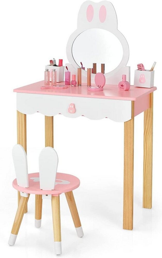 KOMFOTTEU Schminktisch Kosmetiktisch, mit Hocker, für Mädchen & Kinder (Rosa) Bild 1