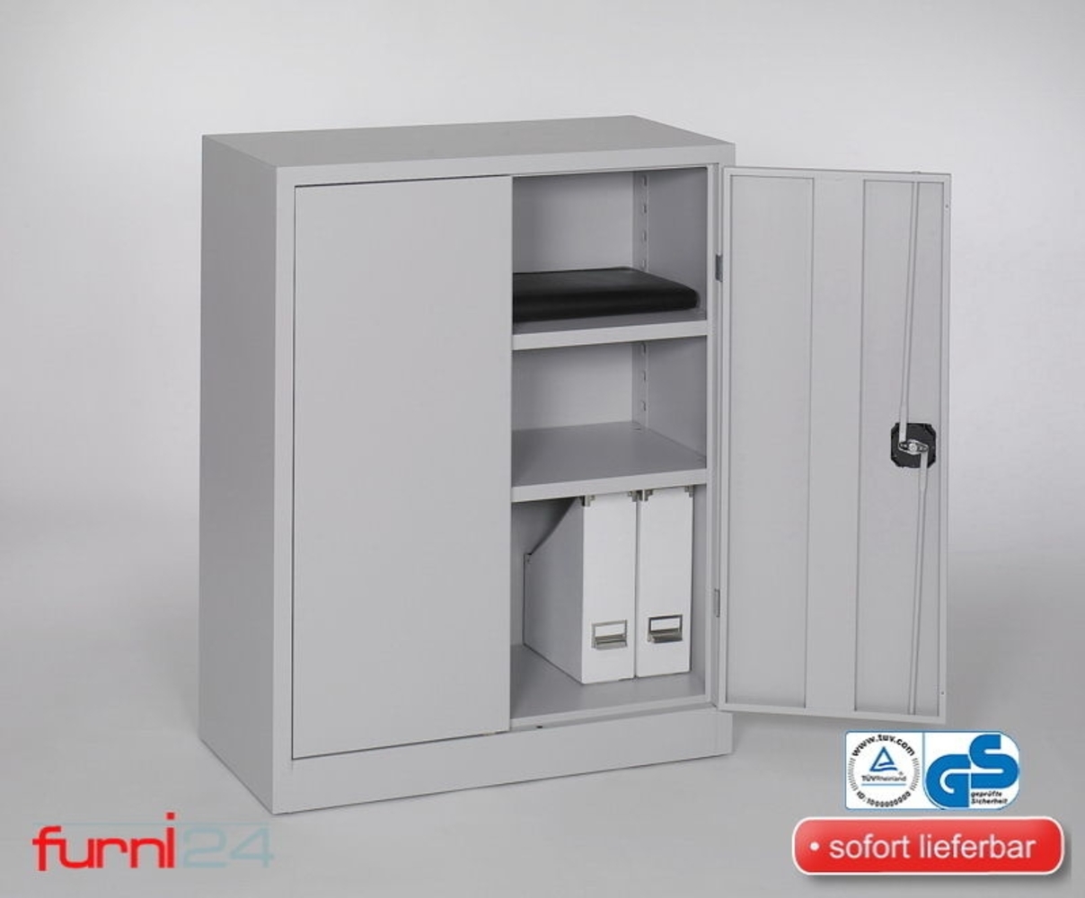 furni24 Aktenschrank, fertig montiert, 100 x 80 x 38 cm, Stahlflügeltürschrank Materialschrank, Abschließbarer Spind, Aktenschrank mit 3 Fächern, Werkzeugschrank, Mehrzweckschrank, Universalschrank, grau Bild 1