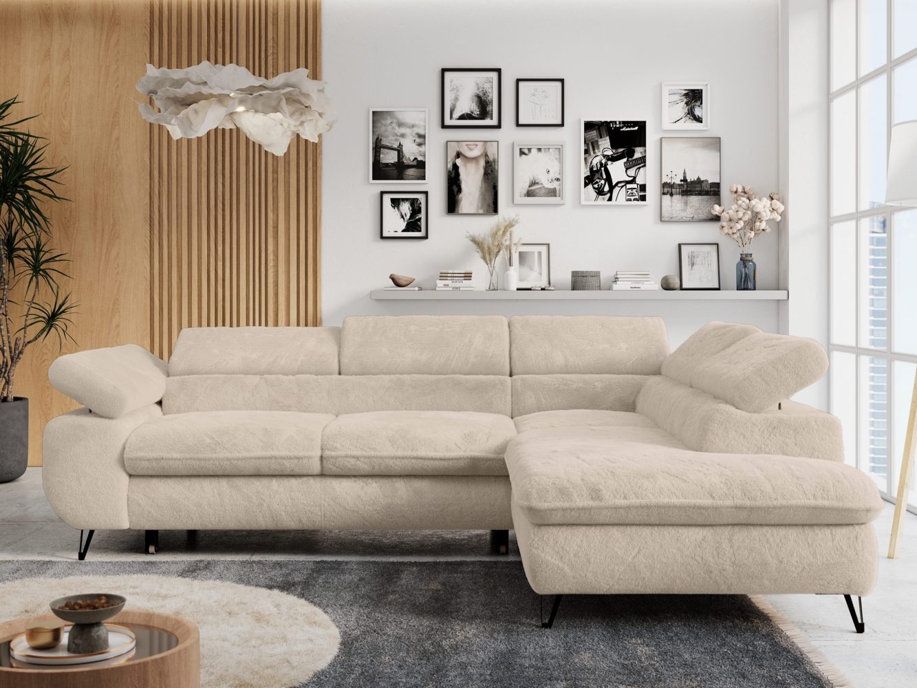 Ecksofa mit Bettfunktion, Modern Sofa, L-form, Einstellbare Kopfstützen, Bettkasten - PETER - Creme Plüsch - rechts Bild 1