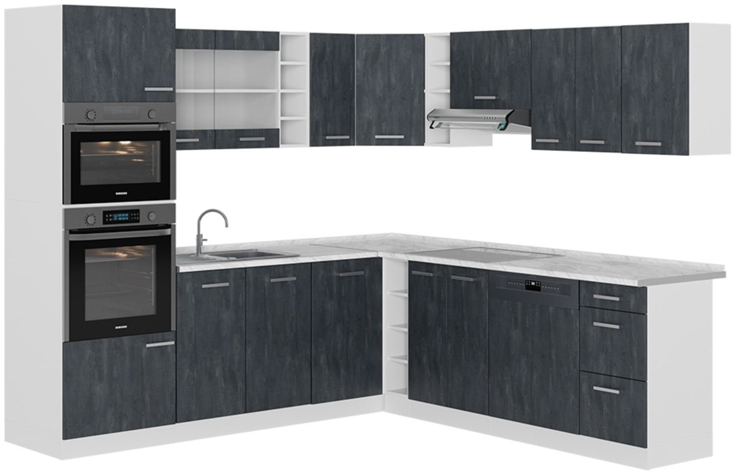 Vicco Einbauküche in L-Form Schwarz Beton/Weiß 237 x 247 cm AP Marmor, R-Line Bild 1