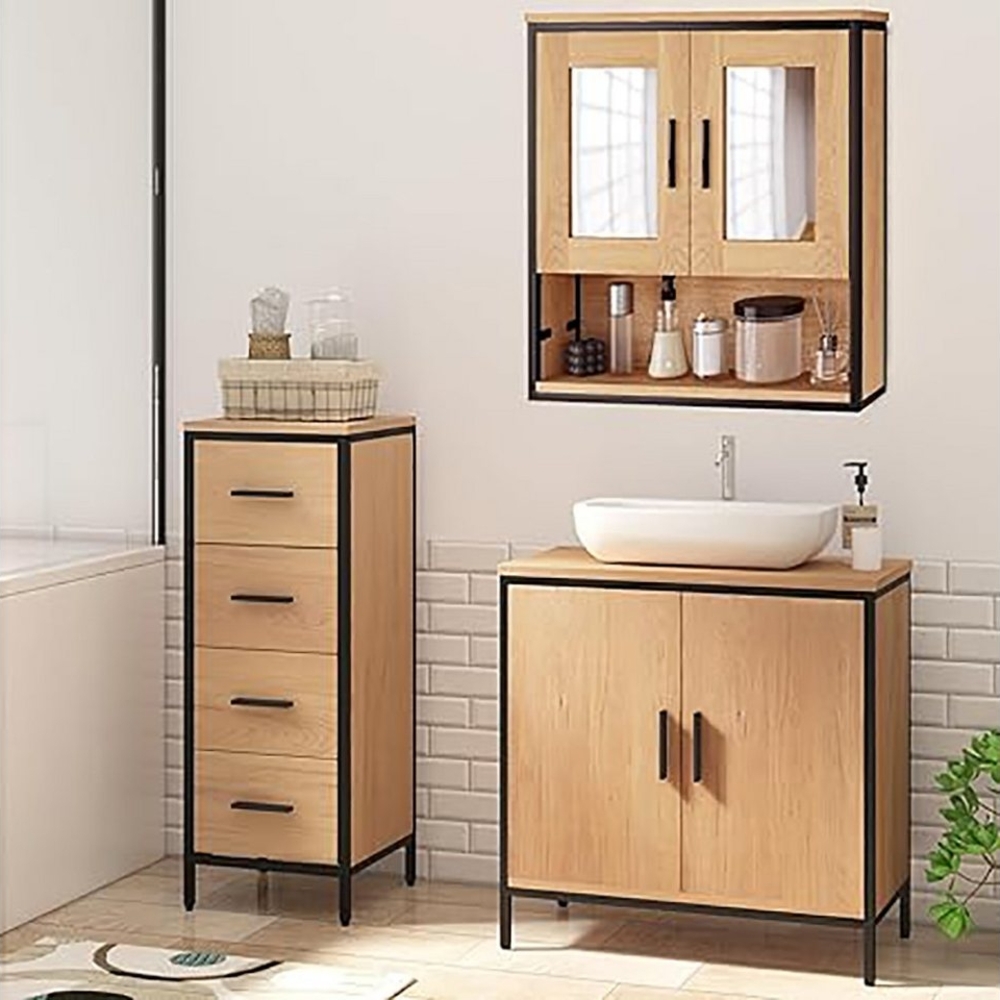 EUGAD Badmöbel-Set, (3-St), Badschrank mit 2 Spiegeln, Beistellschrank mit 4 Schubladen Bild 1