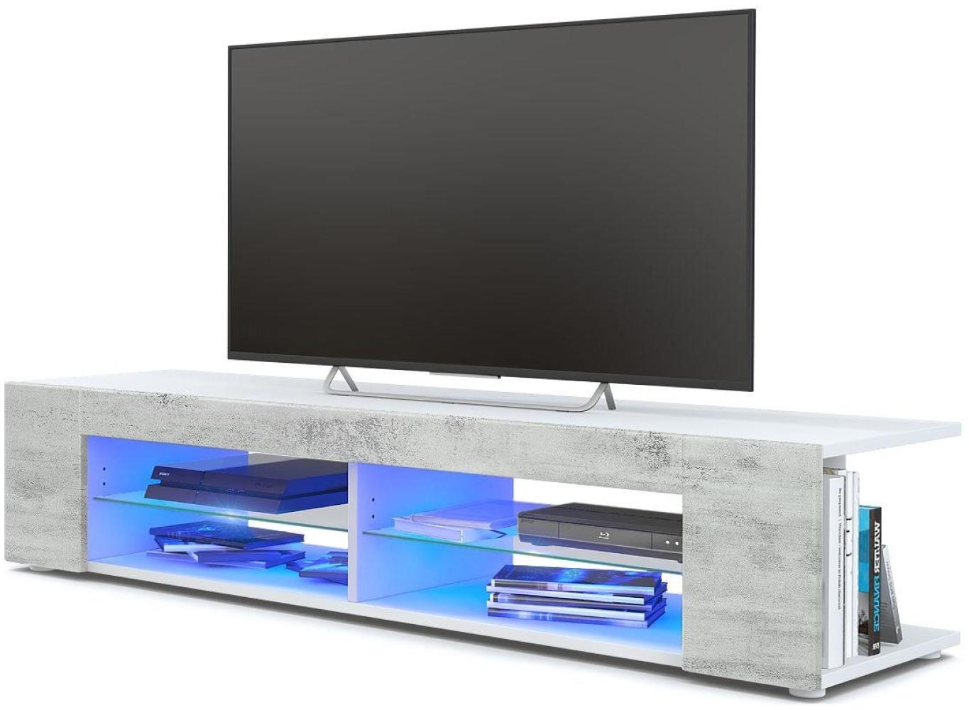 Vladon Lowboard Movie, TV-Kommode mit 4 offenen Fächern und Zierleisten, Weiß matt/Beton Oxid-Optik, inkl. LED-Beleuchtung blau (134 x 29 x 39 cm) Bild 1