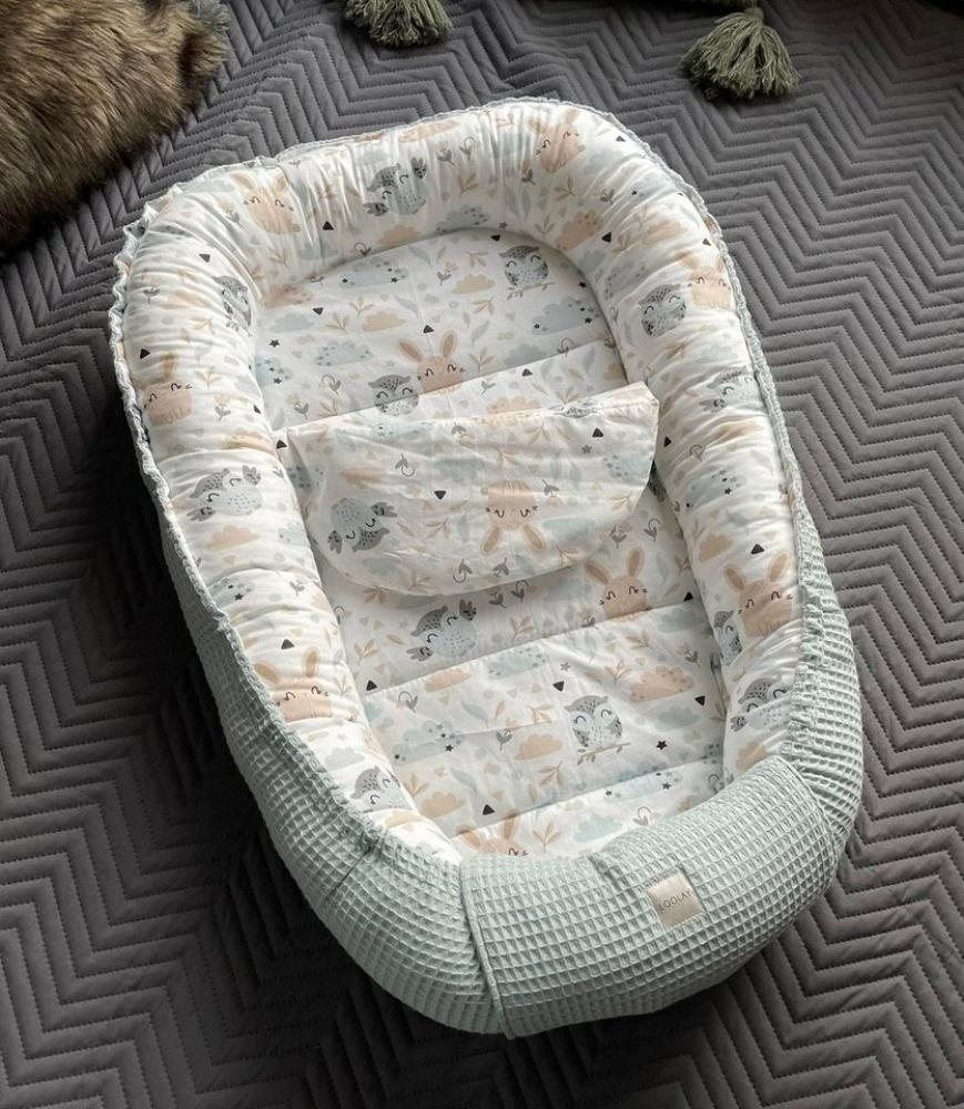 Loolay Bettnestchen Minze WAFFELPIQUE/ HASE Beige Weiß Babynest Babyausstattung, (Reisebett Nestchen SOLO/ o. in PREMIUM Geschenk SETS für Neugeborene, 2-tlg, 4 Jahreszeiten ATMUNGSAKTIVER WAFFELSTOFF Bestseller GESCHENK), LOOLAY® - 100% Europäische St... Bild 1