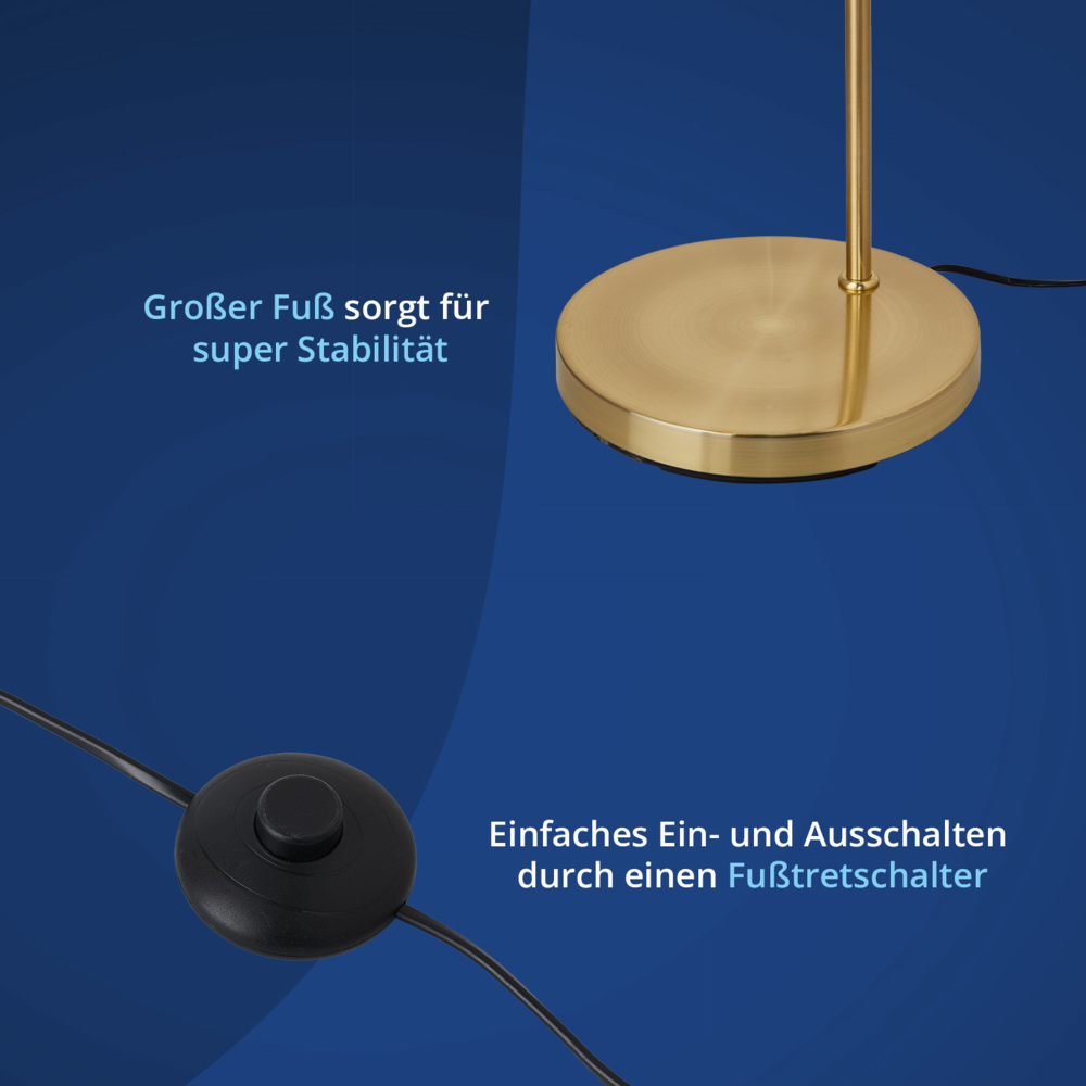 KHG Bogenleuchte in Gold-Optik Finish aus Metall mit schwenkbarem Lampenschirm, E27 Fassung ohne Leuchtmittel, Bogenlampe mit praktischem Fußschalter und stabilem Standfuß, 1-flammige Standlampe Bild 1