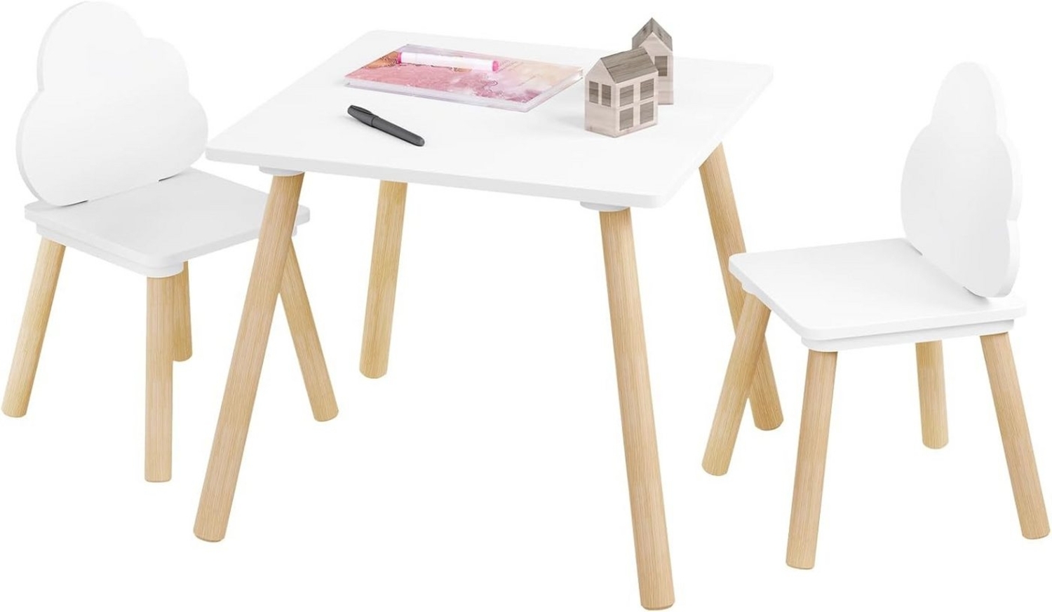 Woltu Kindersitzgruppe, weiß, Kindertisch mit 2 Stühlen, mit Stauraum Netztasche Bild 1