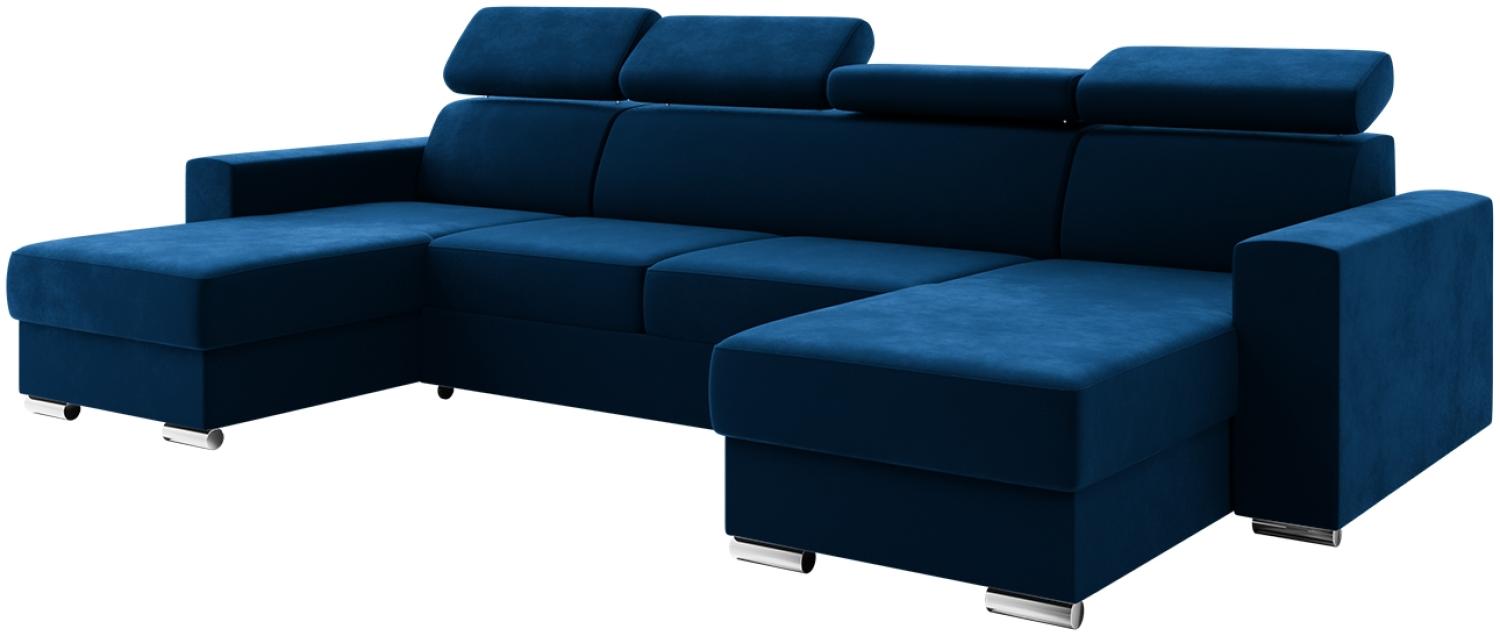 MEBLINI Schlafcouch mit Bettkasten - VOSS - 306x168x79cm - Blau Samt - Ecksofa mit Schlaffunktion - Sofa mit Relaxfunktion und Kopfstützen - Couch U-Form - Eckcouch - Wohnlandschaft Bild 1