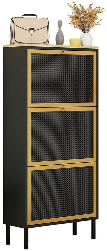 Yorbay Schuhschrank Schuhkipper Schuhschrank mit 3 Klappen, Schwarz, 60x24x124.4 cm Wabenstruktur aus Metall-Rattan, mit Rückwand, für Flure, Schlafzimmer Bild 1