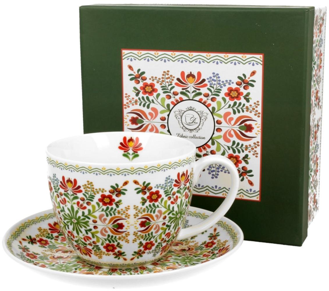 DUO ETNO Jumbobecher 470 ml HUNGARIAN mit Untertasse, New Bone China Porzellan Bild 1