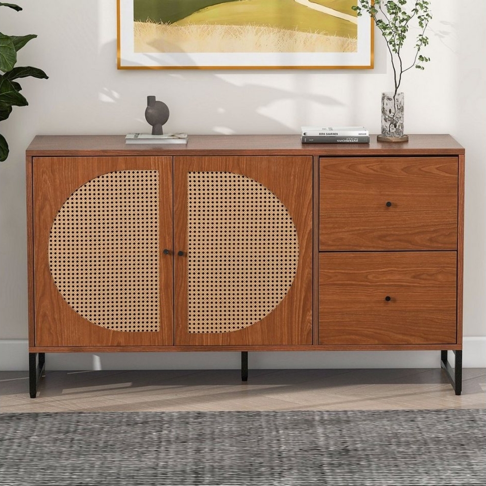 OKWISH Sideboard Kommode Schrank (mit 2 Rattan verzierten Türen und 2 Schubladen Kommode Küchenschrank), Highboard mit Metallgriffe Bild 1