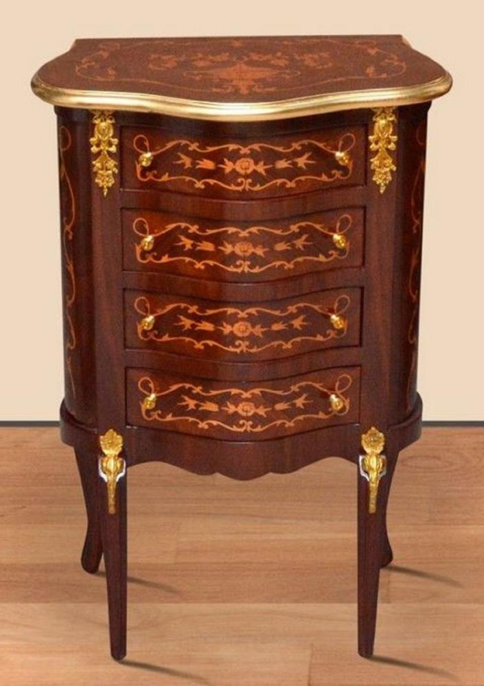 Casa Padrino Barock Nachtkommode Dunkelbraun Intarsien / Gold - Handgefertigte Massivholz Kommode im Barockstil - Antik Stil Nachttisch - Beistelltisch mit 4 Schubladen - Barock Möbel Bild 1