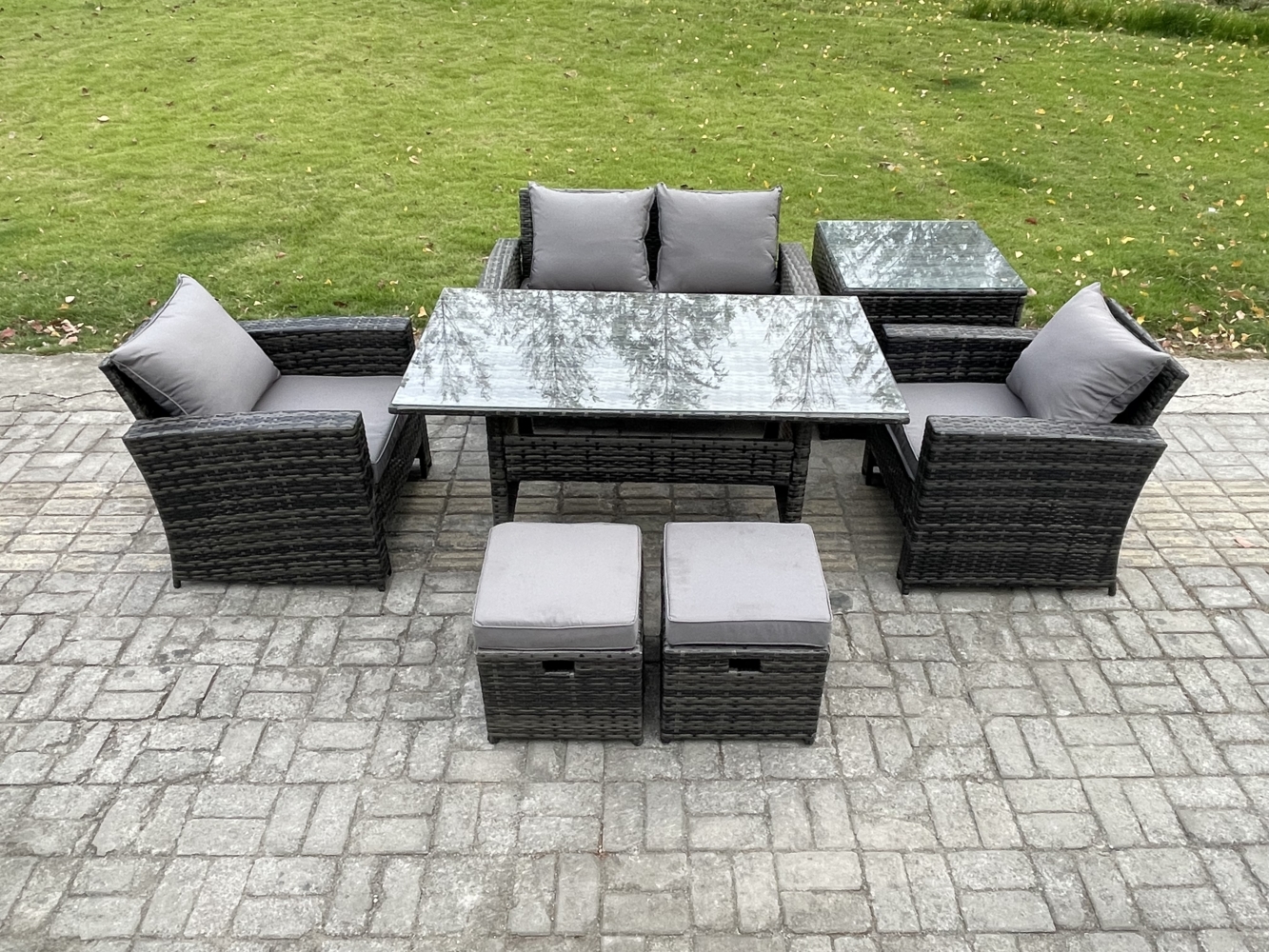Fimous Polyrattan Gartenmöbel Set Terrassenmöbel Set mit Rattan Rechteckiger Esstisch Lounge Sofa mit Beistelltisch 2 Kleiner Hocker Bild 1