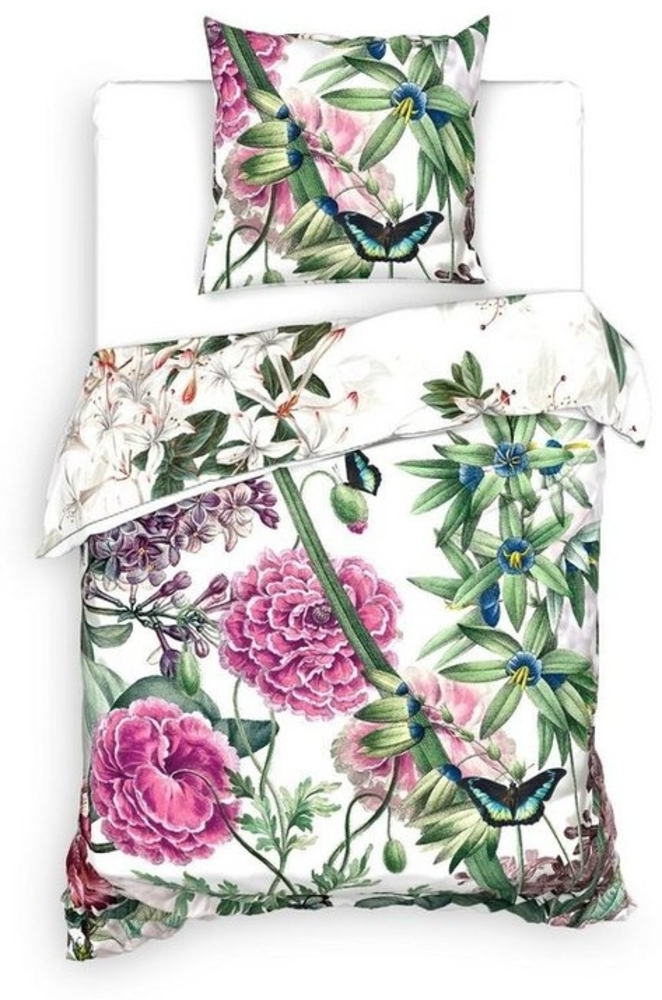 Heckett & Lane BCI Twill Bettwäsche 135x200 Murano green Blüten grün pink Bild 1