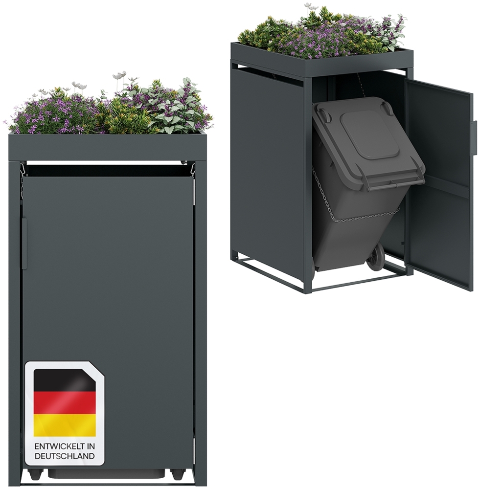 STEELSØN 'Thoria' Mülltonnenbox für 1 Tonne 240 Liter, anthrazit, Mülltonnenverkleidung aus Stahl, wetterfest, 125x80x69 cm, Müllbox mit Pflanzendach Bild 1