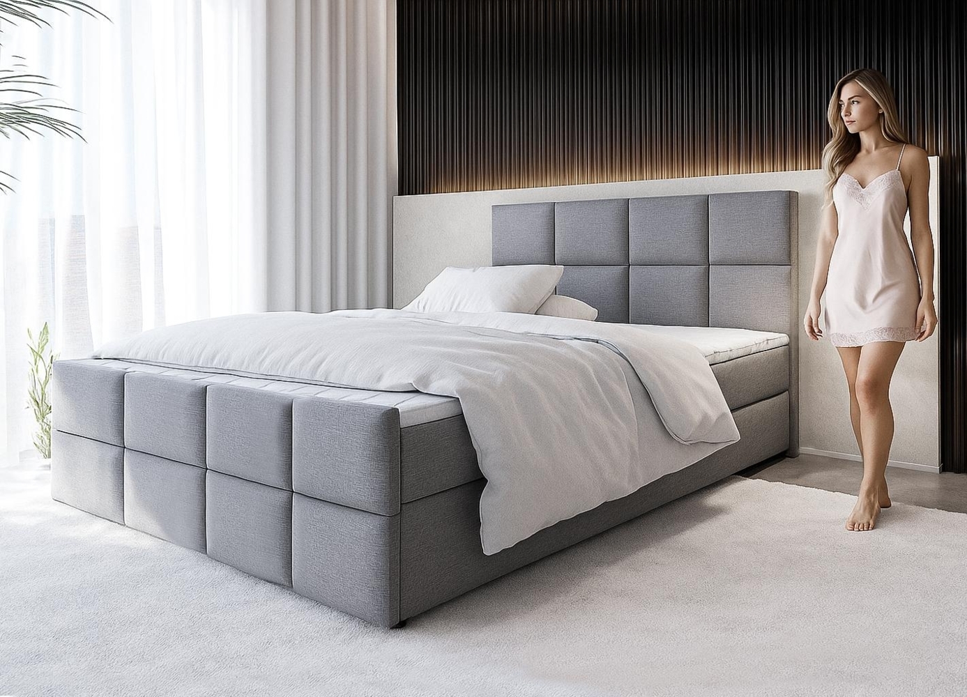 AX LIVING Boxspringbett Grau Aleyna Bett 140 x 200 mit Bettkasten Bild 1