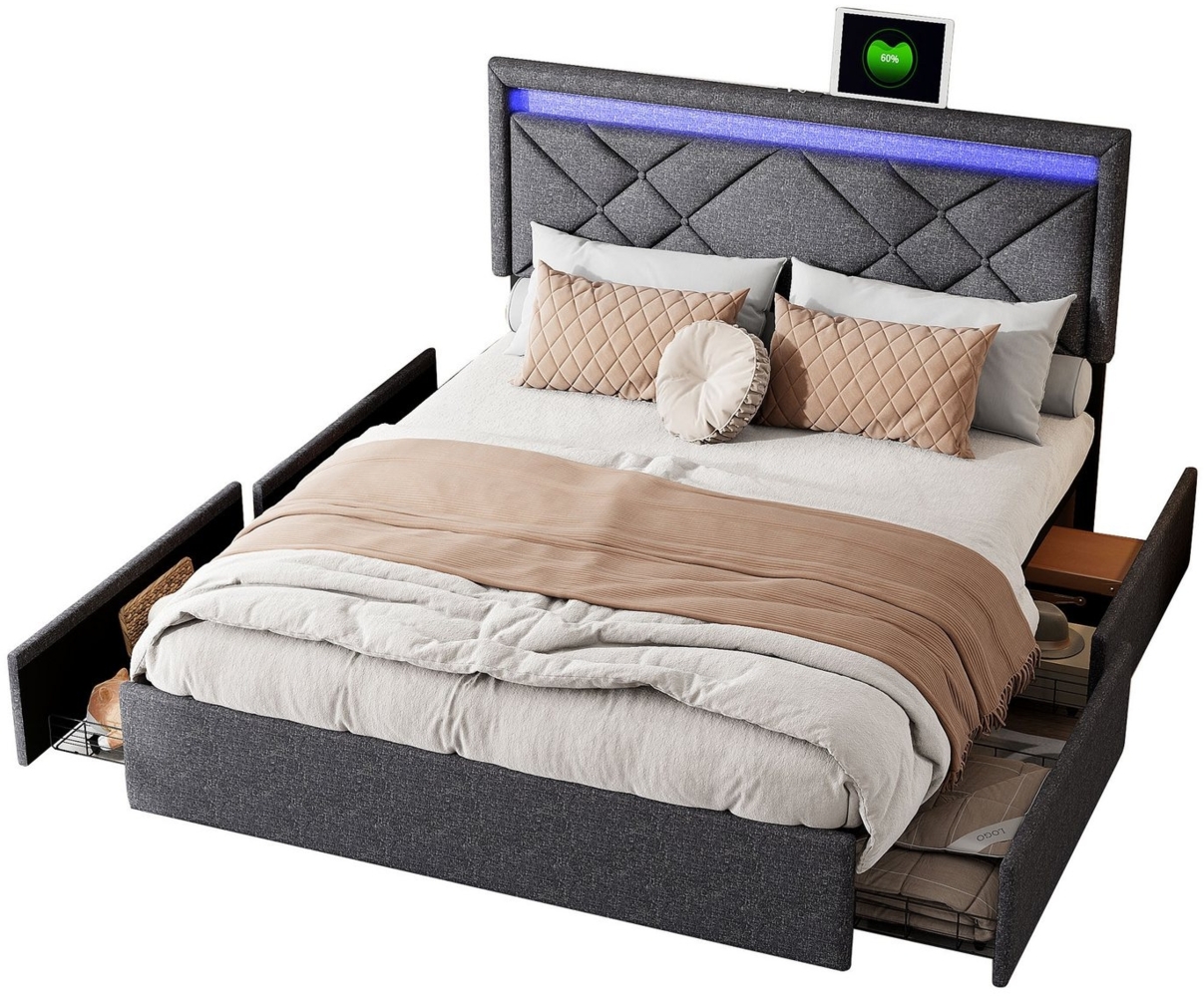 FUROKOY Polsterbett Doppelbett Stauraumbett Mit LED-Beleuchtung USB+TYPE-C Leinenmaterial, 160x200 cm,mit 4 Schubladen mit Rädern,Gepolstert,Grau Bild 1