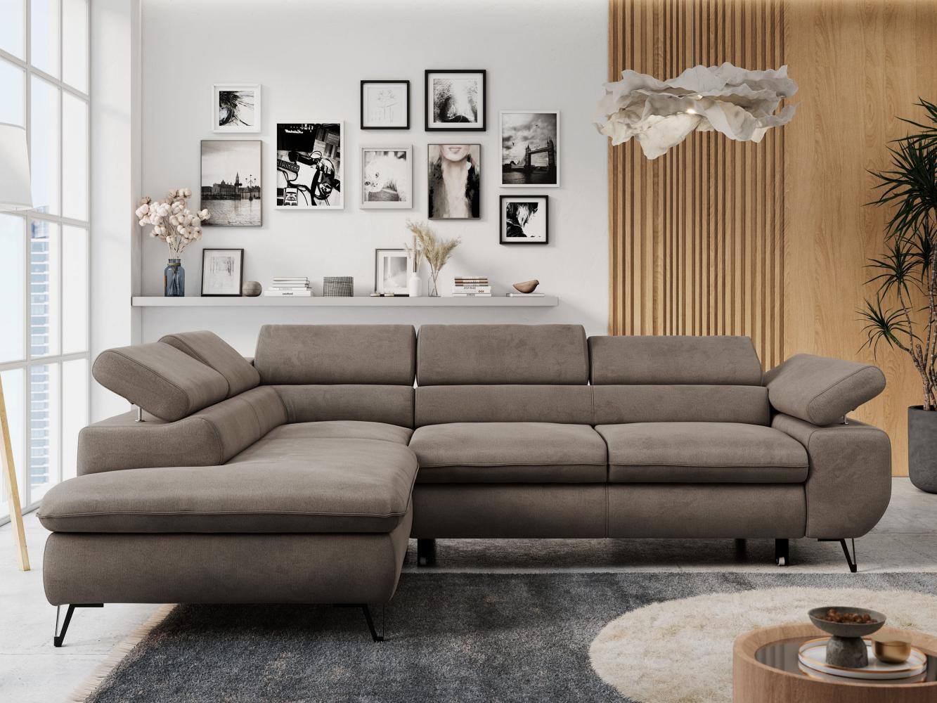 Mks Möbel 'Peter L-form' Ecksofa mit Bettfunktion, Bettkasten & einstellbaren Kopfstützen, Braun, Velours, mit Topper, links Bild 1