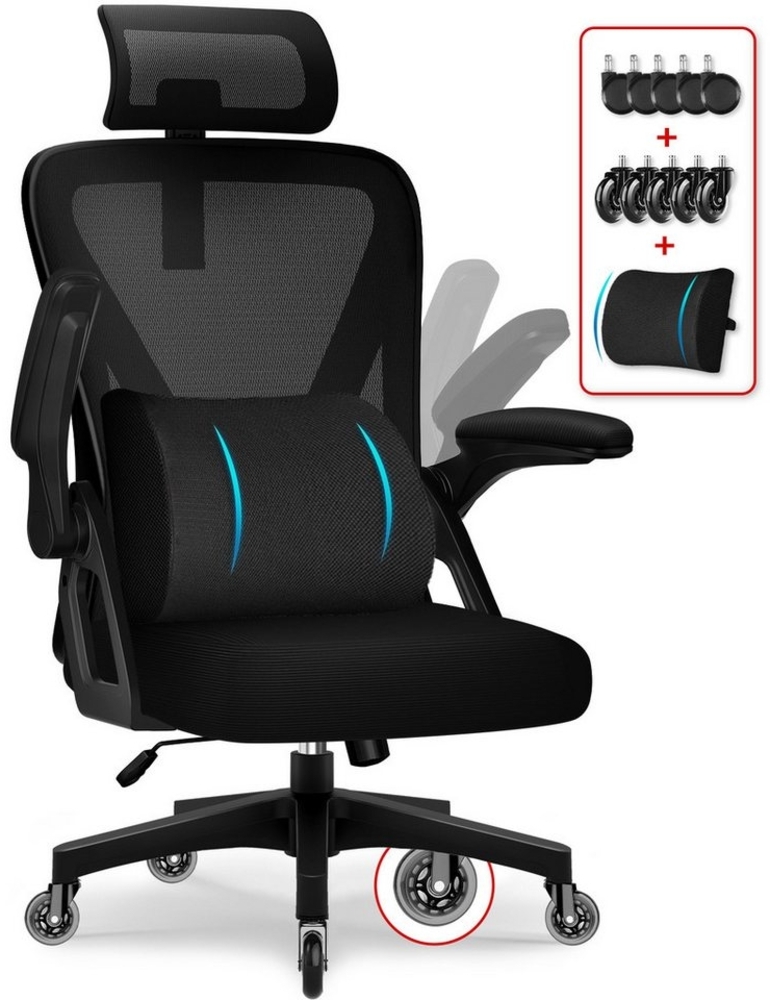 Homimaster Bürostuhl Ergonomisch, Kunstleder Schreibtischstuhl 90° Klappbaren Armlehnen (Schreibtisch Stuhl 90-120° Wippfunktion, Ergonomischer Bürostuhl mit Lendenwirbelstütze), Schreibstuhl Höhenverstellbar, 150kg Belastbar Bild 1