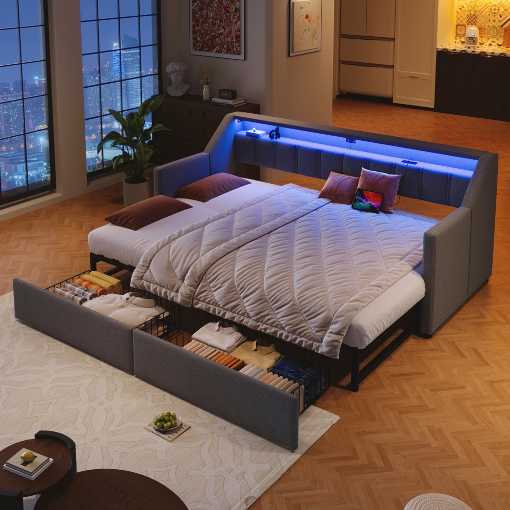 Merax Daybett, Tagesbett, Schlafsofa, Einzelbett 90 x 200cm, Mit USB und Type-C, LED-Leiste mit Fernbedienung, Mit 2 Schubladen, Stauraumtaschen, Multifunktionales Ausziehbett , Ohne Matratze, Grau Bild 1
