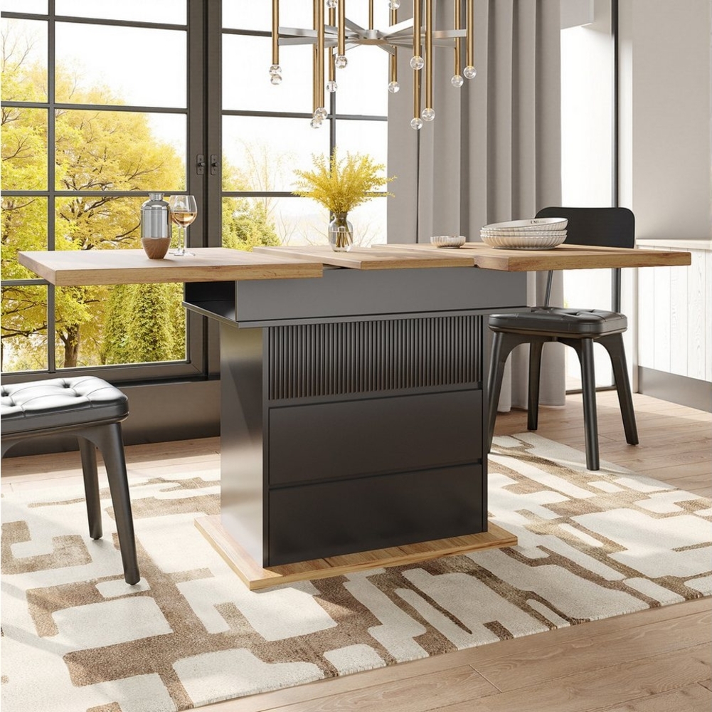 KLAM HOME Esstisch Teleskoptisch(110-140×80cm), klappbarer Küchentisch für 4-6 Personen (Ausziehbarer Esstisch, für Küche und Wohnzimmer), Esstisch mit drei Ablageebenen, platzsparender Küchentisch Bild 1