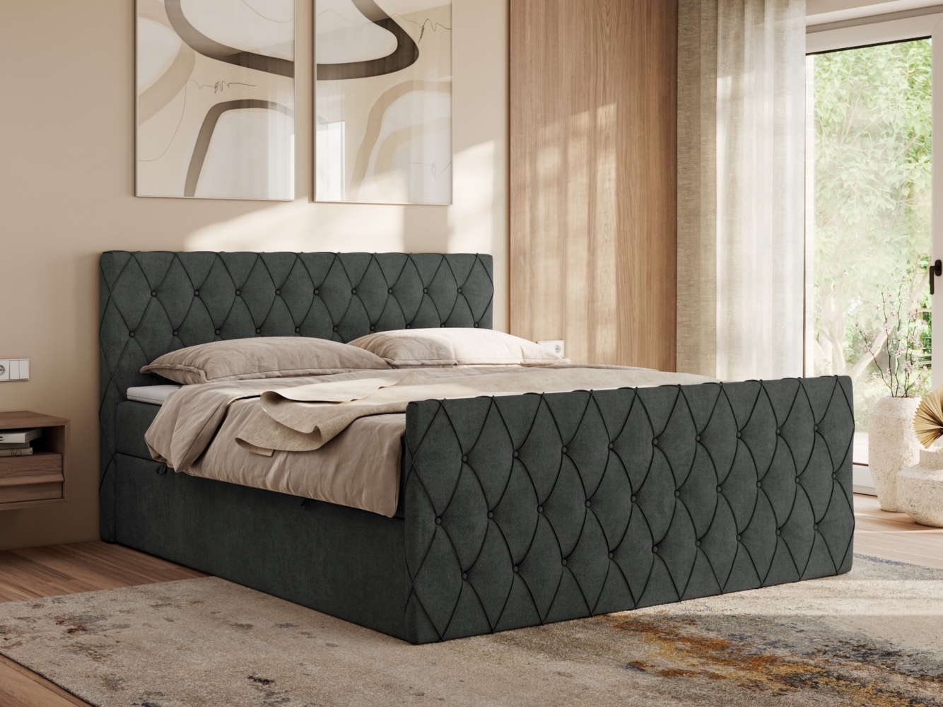 Boxspringbett mit gesteppter Front und Kopfteil, Multipocket-Matratze, zwei Bettkästen - MIREN DUO - 120 x 200 cm - Dunkelgrau Stoff - H4 Bild 1