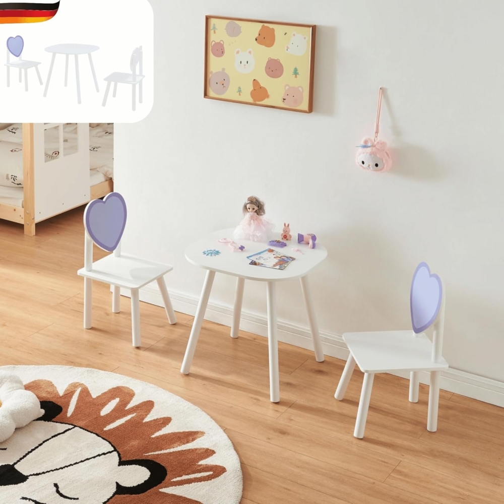 DELUKE® Kindersitzgruppe mit 2 Stühlen ELA - 3 teilig Kindertisch Set Kindersitzgruppe aus Holz weiß/lila Herz-Design Maltisch Basteltisch Kinder Spieltisch ab 1 Jahr Kinderstuhl Set Bild 1