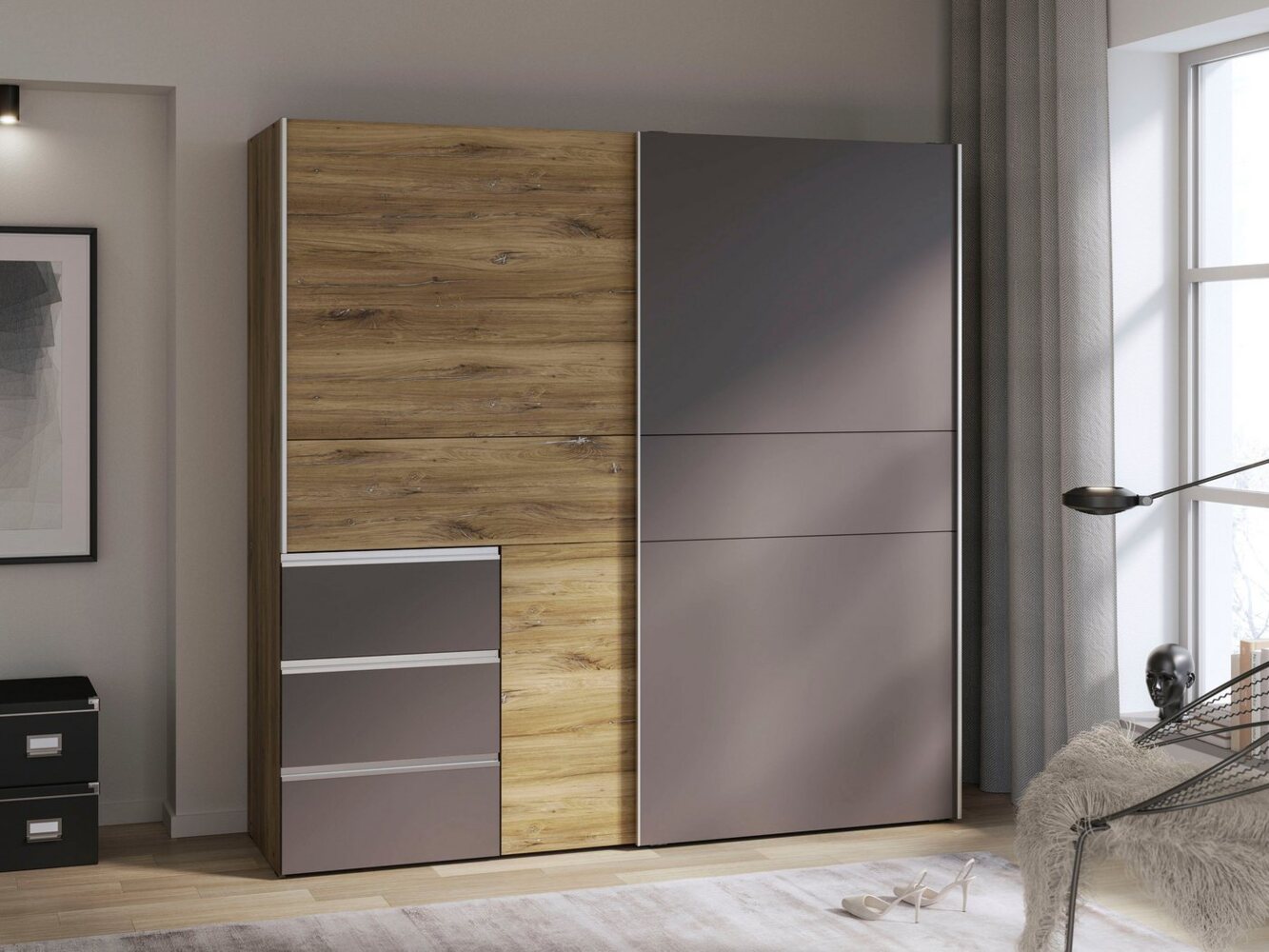 FORTE Schwebetürenschrank Winn, Schiebetürenschrank mit 3 Schubladen, Made in Europe verschiedene Größen und Farben, sehr viel Stauraum Bild 1