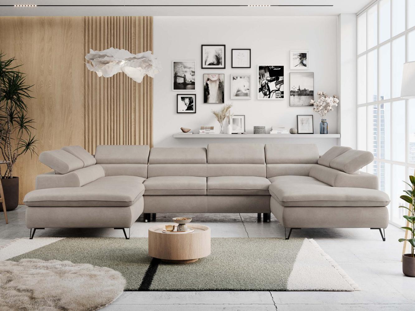 Mks Möbel 'Peter U-Form' Ecksofa mit Bettkasten, Bettfunktion & einstellbaren Kopfstützen, Beige, Mikrofaser Bild 1