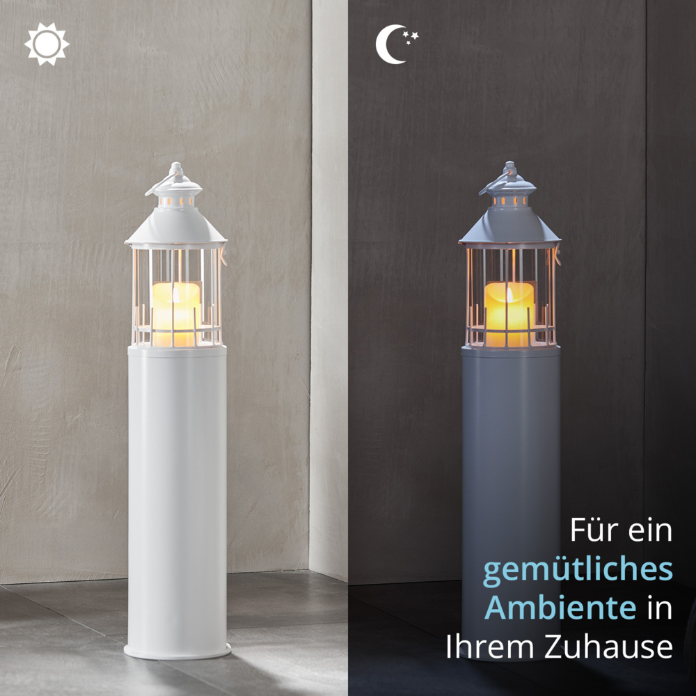 KHG Laterne Leuchtturm 72 cm mit LED-Kerze aus Metall/Glas in weiß, Kerzenständer, Kerzenhalter, Outdoor und Indoor, Deko, Glaseinsatz, für Wohnzimmer, Balkon, Terrasse, Garten usw. Bild 1