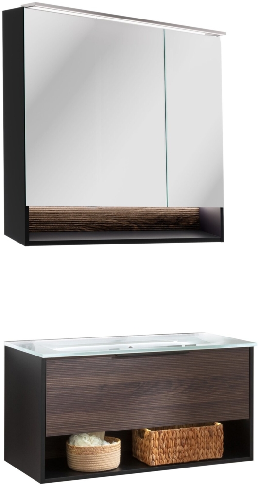 FACKELMANN B.PARIS Waschtisch Set mit Spiegelschrank 90 cm breit, Braun dunkel/Schwarz, Waschbecken Glas Weiß Bild 1