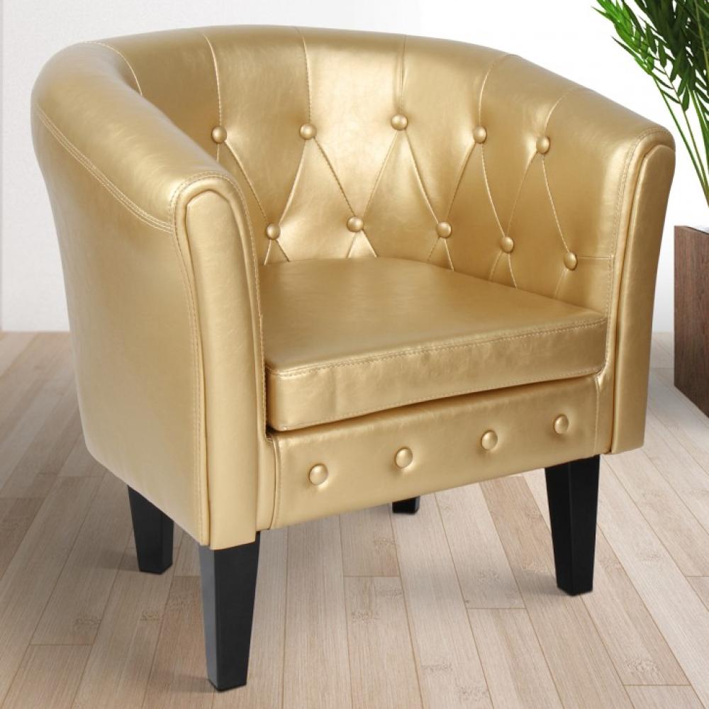 MIADOMODO® Chesterfield Sessel mit Rautenmuster inkl. Hocker, Holz/Kunstleder gold Bild 1