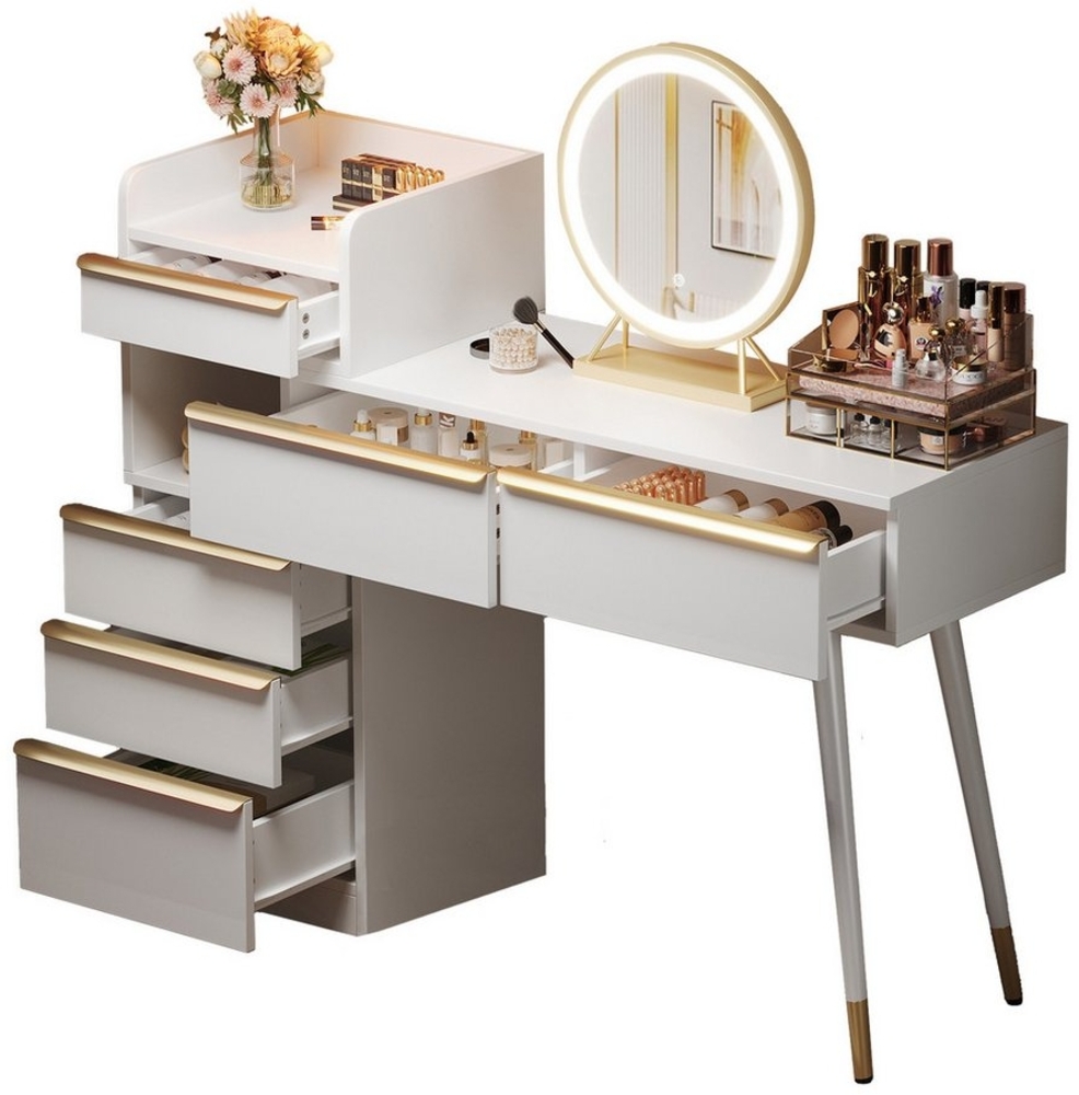 Merax Schminktisch mit 6 Schubladen & ausziehbarer Tischplatte (Frisiertisch Schminkkommode 102x100x41.5cm, 1-St), Kosmetiktisch mit 6 Schubladen, Goldgriffen und Kippsicherung Bild 1