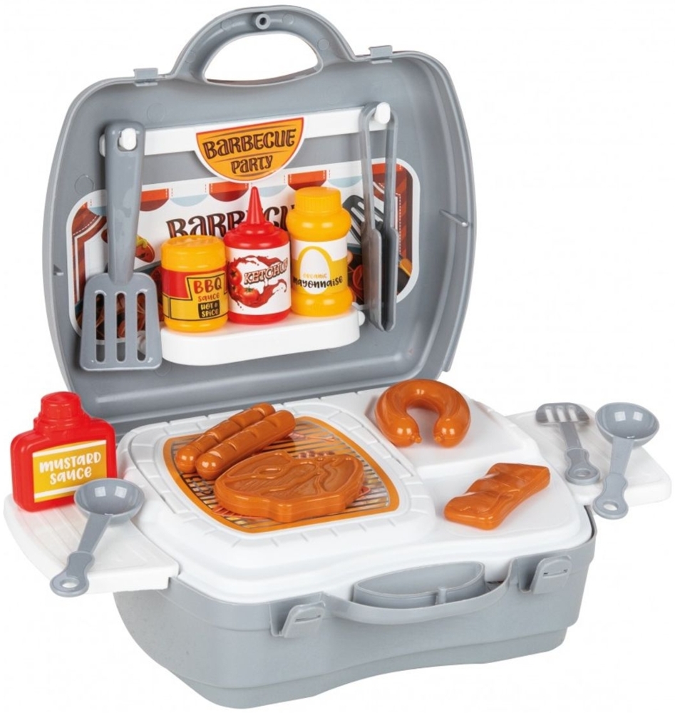 Pilsan Spielzeug Grillkoffer 03368 BBQ-Set Grillbesteck Teller Spiellebensmittel grau Bild 1