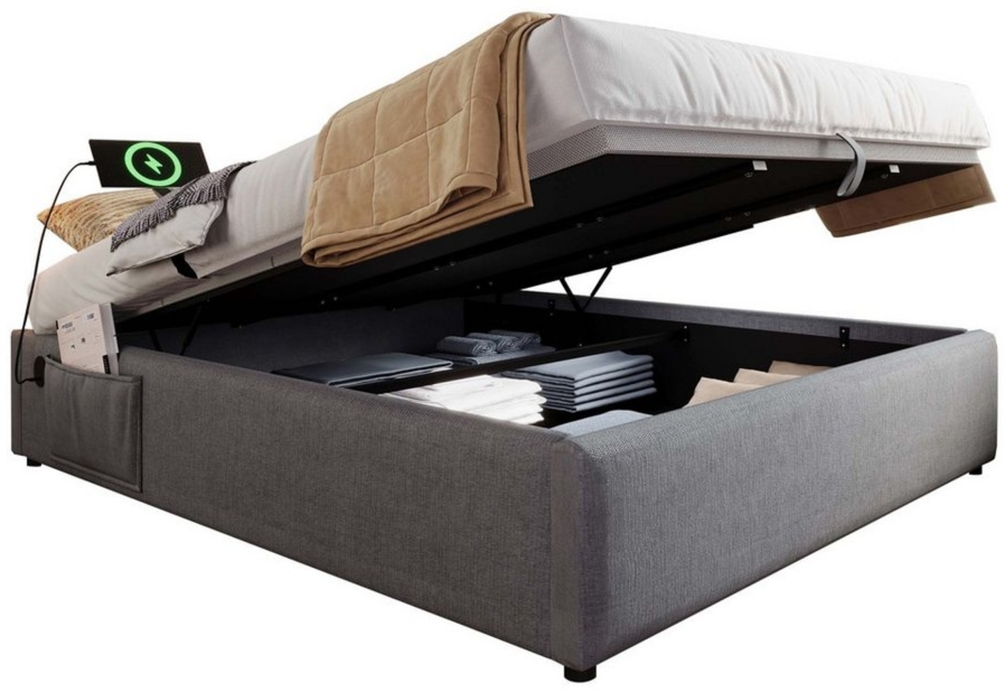 BlingBin Einzelbett Polsterbett (1-tlg, Struraumbett Bettgestell mit USB- C und Vollflächiger Lattenrost), 140×200 cm, Ohne Kopfteil, Baumwolle Bild 1